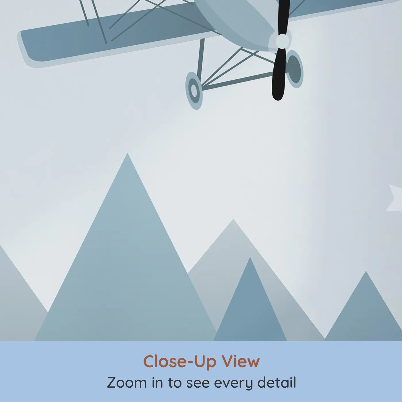 Close-up view of Whimsy Tots' Vintage Biplanes Over Mountains Wall Mural (Turn Their Room into a Nostalgic Night Flight).Gender-Neutral