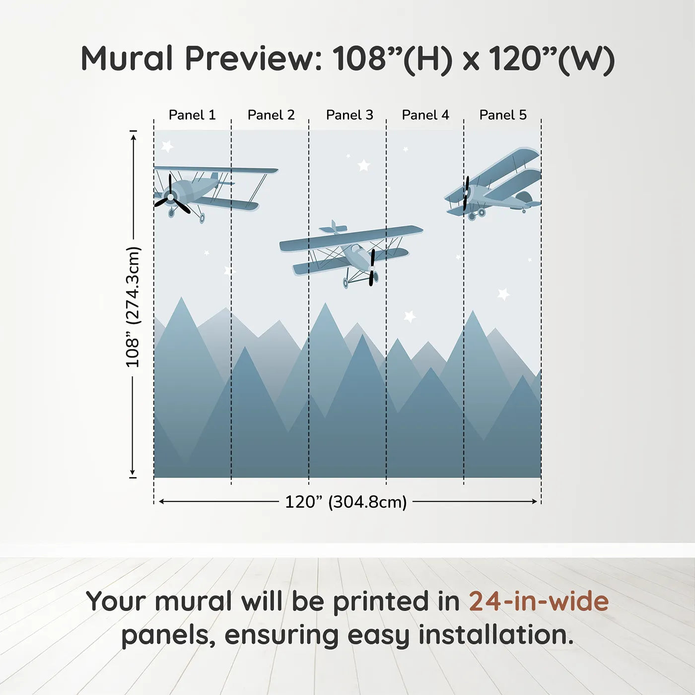 Whimsy Tots Vintage Biplanes Over Mountains Wall Muraldimension view (108" H x 120" W). Printed in five 24-inch-wide panels. Gender-Neutral