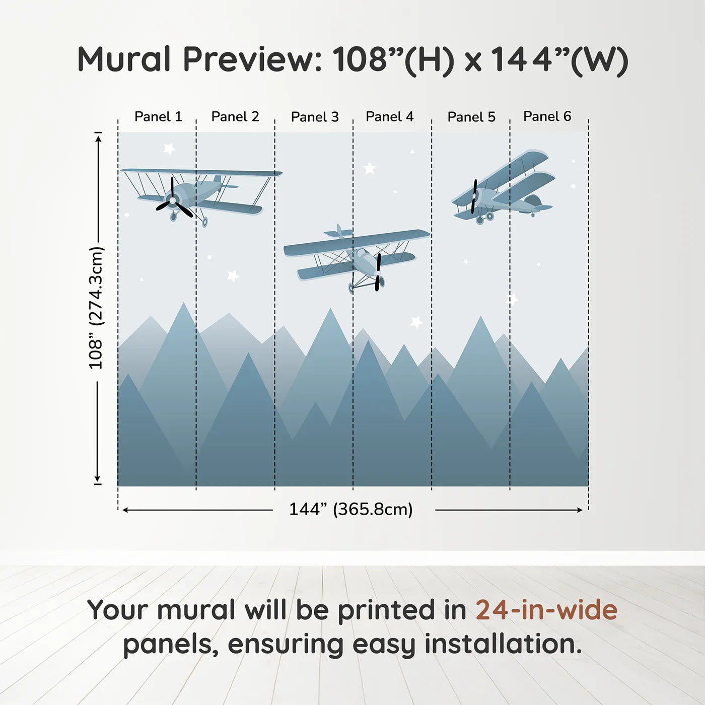 Whimsy Tots Vintage Biplanes Over Mountains Wall Muraldimension view (108" H x 144" W). Printed in six 24-inch-wide panels. Gender-Neutral