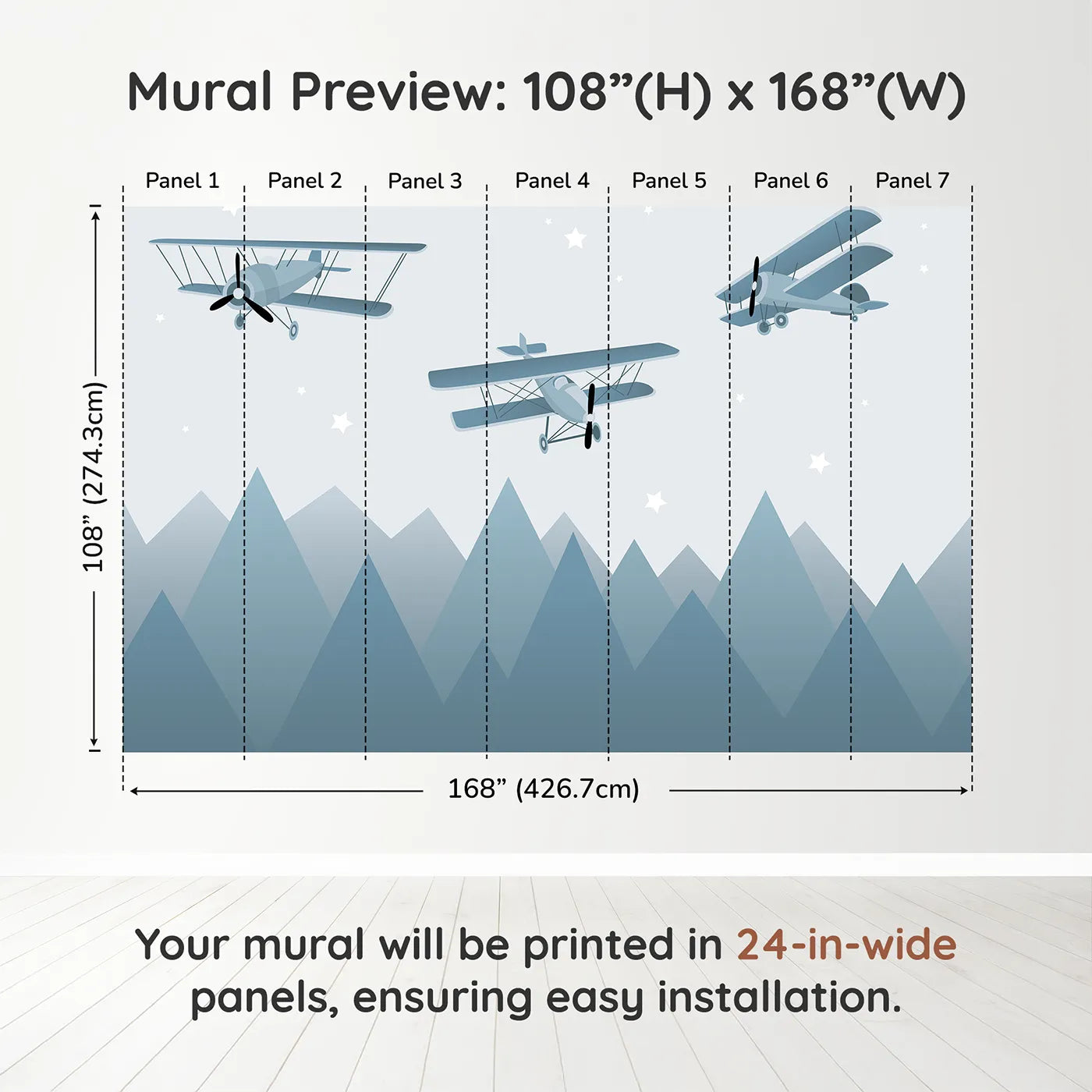 Whimsy Tots Vintage Biplanes Over Mountains Wall Muraldimension view (108" H x 168" W). Printed in seven 24-inch-wide panels. Gender-Neutral