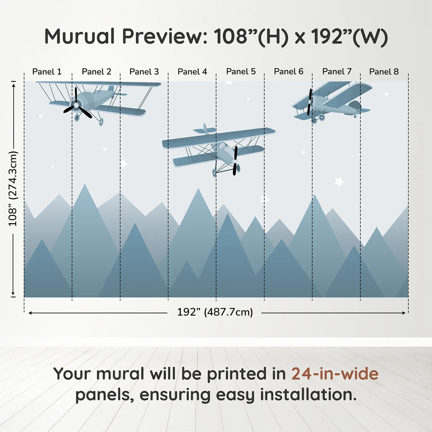 Whimsy Tots Vintage Biplanes Over Mountains Wall Muraldimension view (108" H x 192" W). Printed in eight 24-inch-wide panels. Gender-Neutral