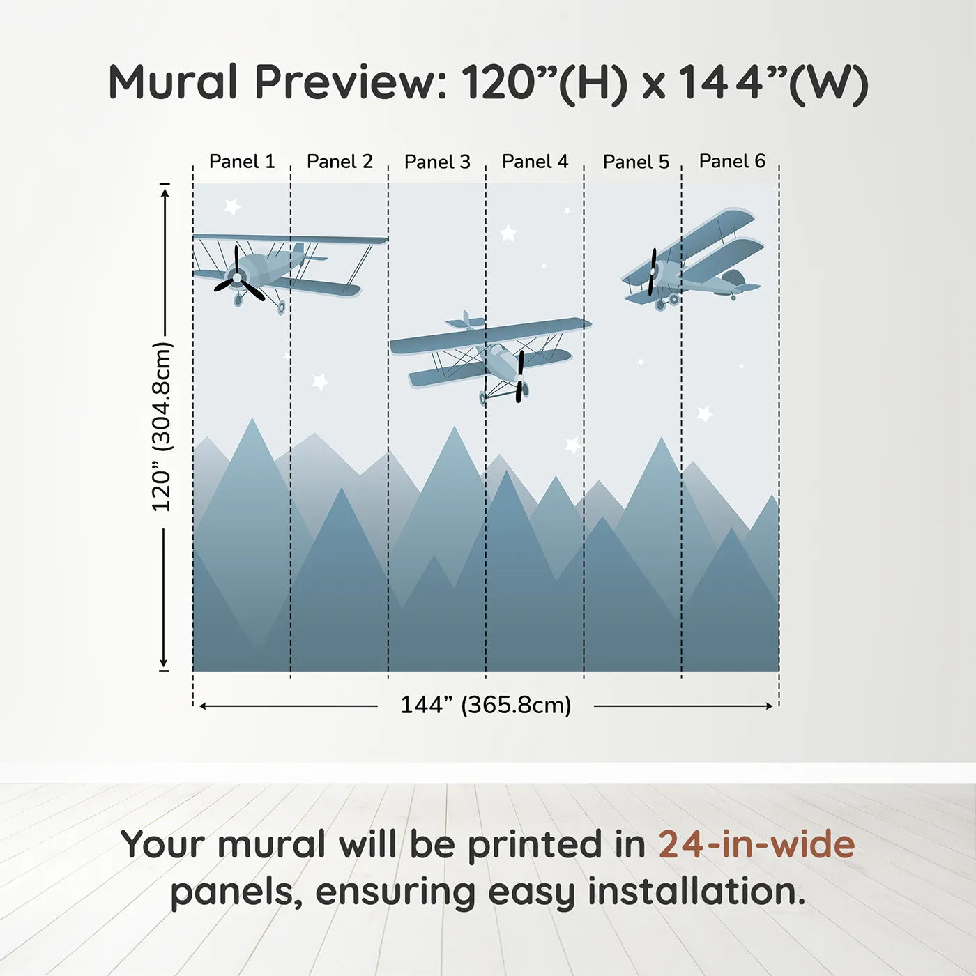 Whimsy Tots Vintage Biplanes Over Mountains Wall Muraldimension view (120" H x 144" W). Printed in six 24-inch-wide panels. Gender-Neutral