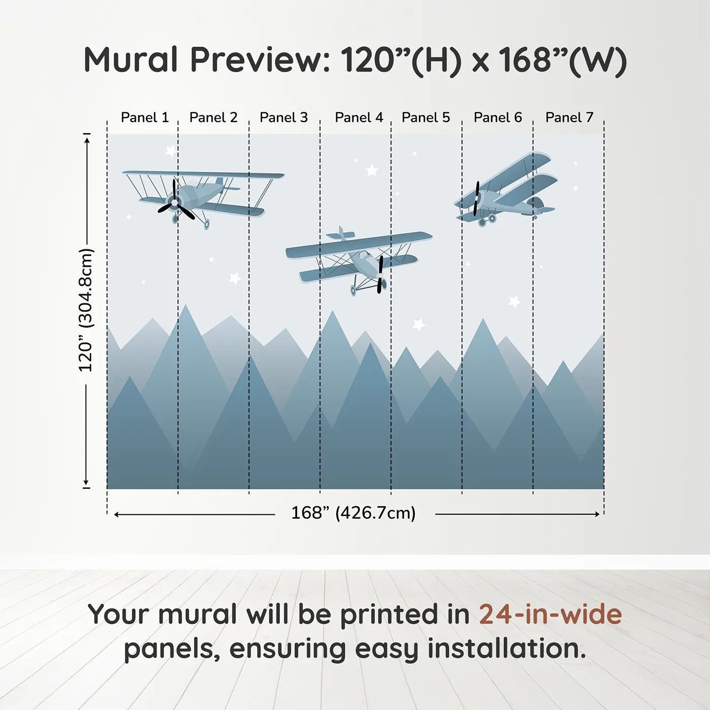Whimsy Tots Vintage Biplanes Over Mountains Wall Muraldimension view (120" H x 168" W). Printed in seven 24-inch-wide panels. Gender-Neutral