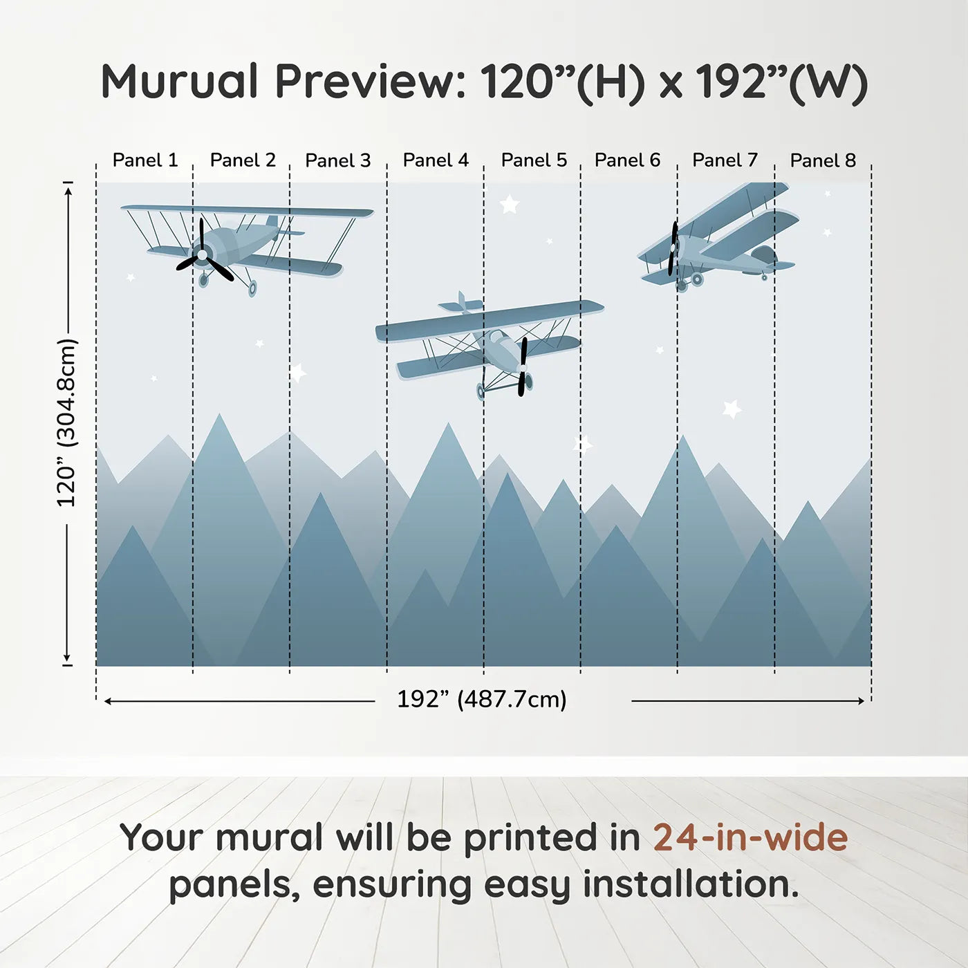 Whimsy Tots Vintage Biplanes Over Mountains Wall Muraldimension view (120" H x 192" W). Printed in eight 24-inch-wide panels. Gender-Neutral