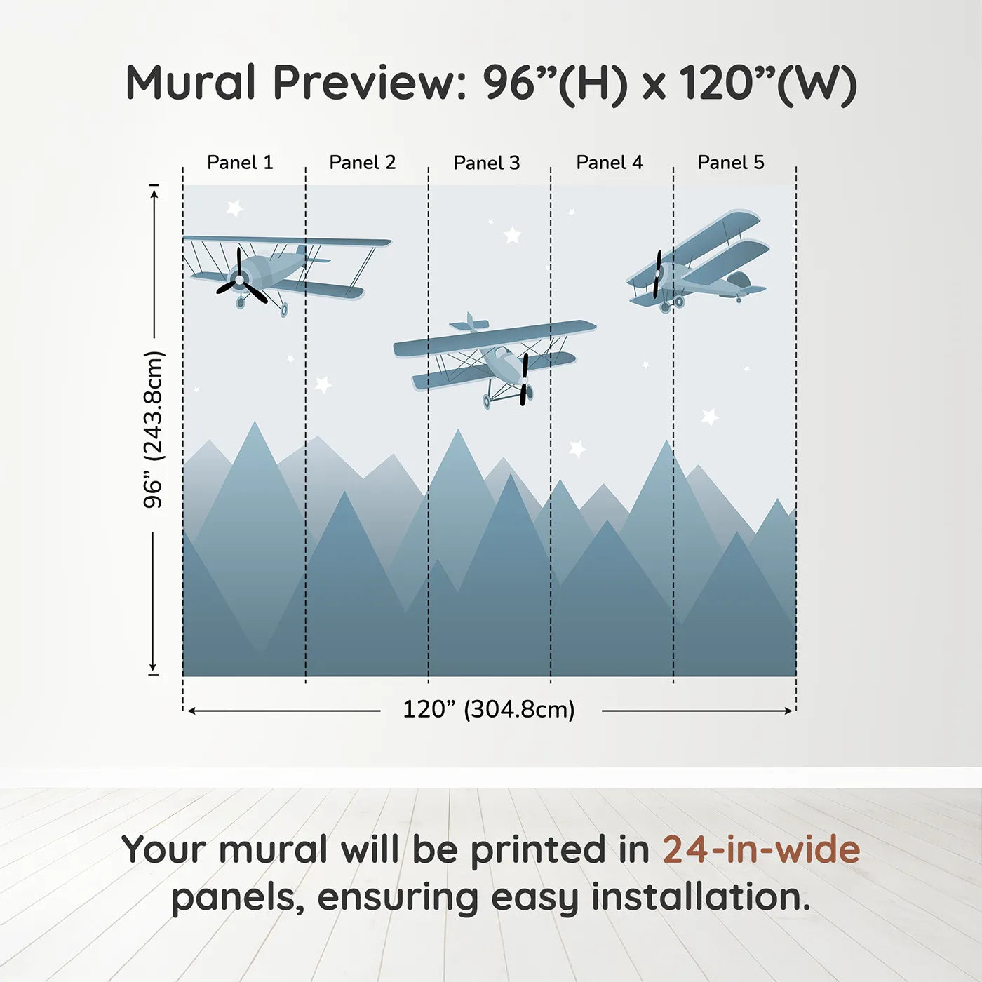Whimsy Tots Vintage Biplanes Over Mountains Wall Muraldimension view (96" H x 120" W). Printed in five 24-inch-wide panels. Gender-Neutral
