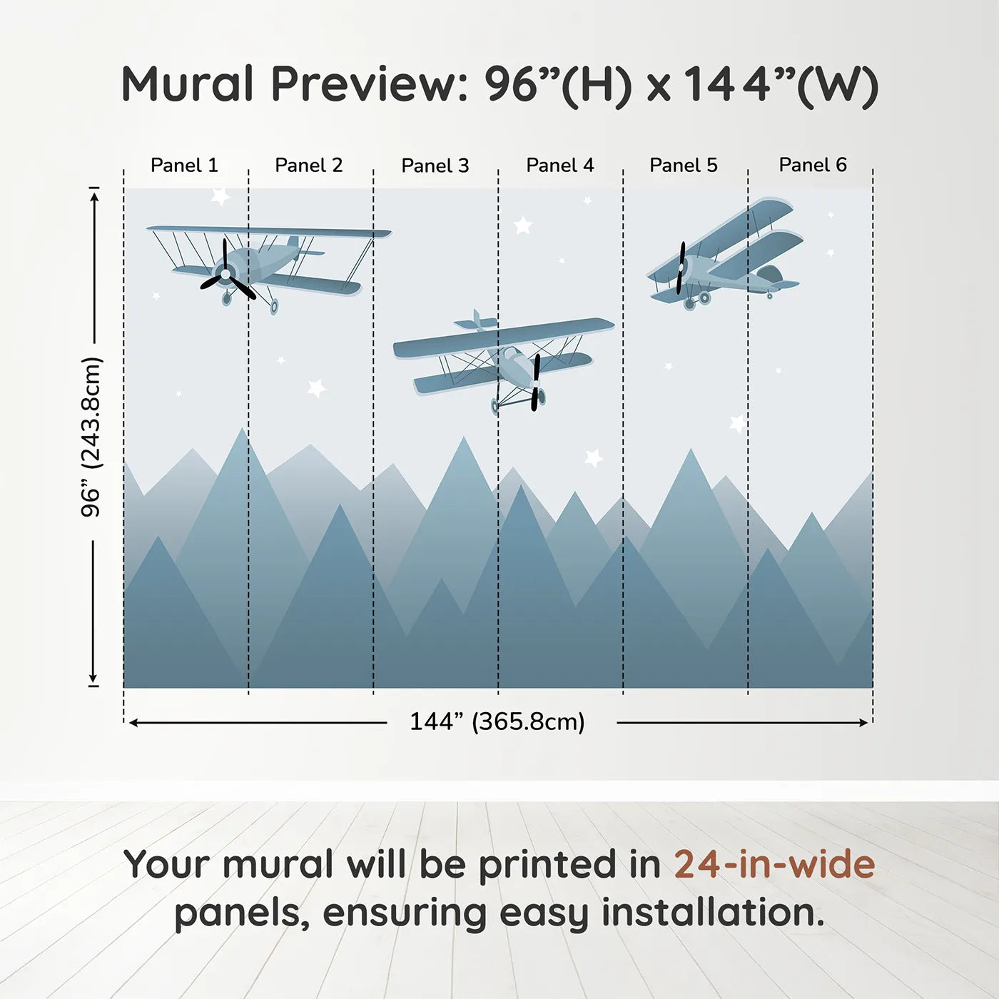Whimsy Tots Vintage Biplanes Over Mountains Wall Muraldimension view (96" H x 144" W). Printed in six 24-inch-wide panels. Gender-Neutral