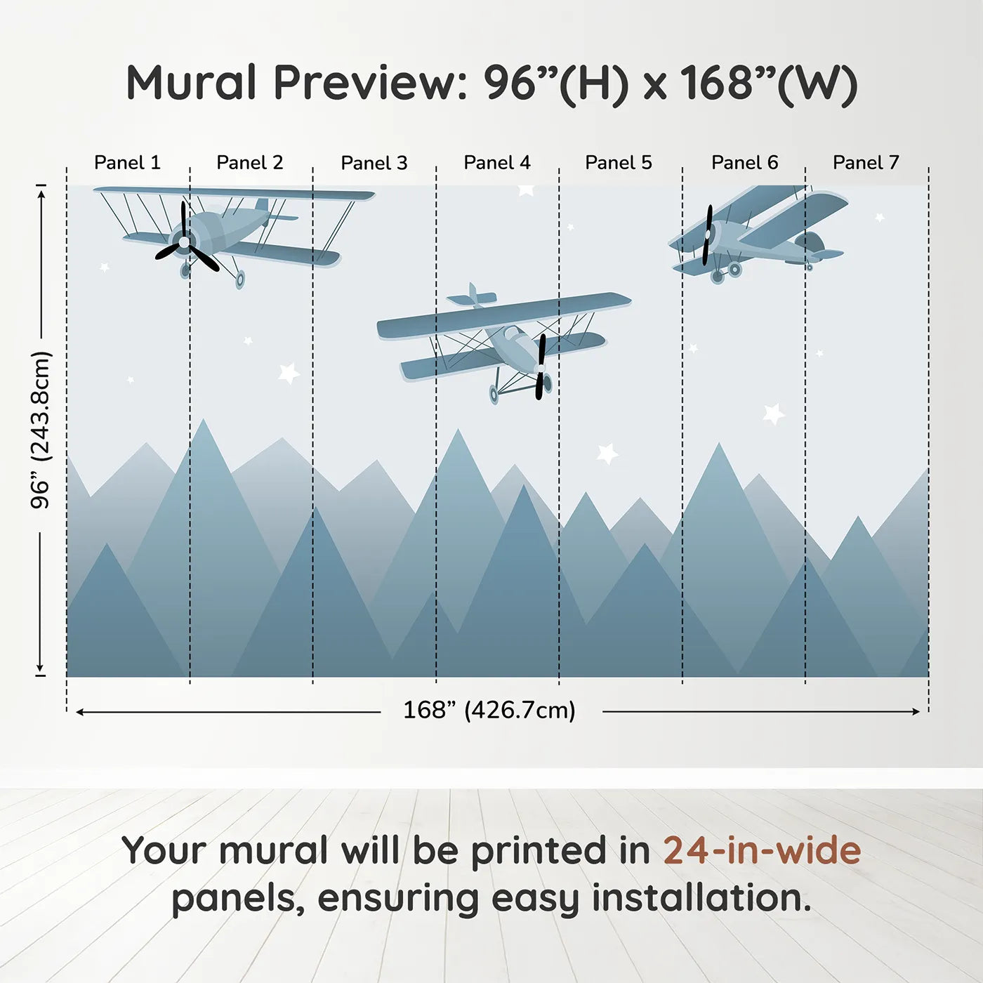 Whimsy Tots Vintage Biplanes Over Mountains Wall Muraldimension view (96" H x 168" W). Printed in seven 24-inch-wide panels. Gender-Neutral