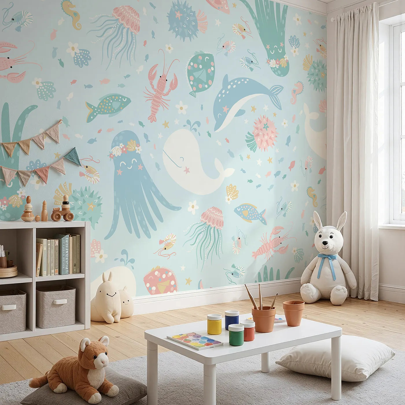 Angled view of Whimsy Tots' Pastel Ocean Friends Wall Mural (Turn Their Room into the Sweetest Underwater Party).Gender-Neutral