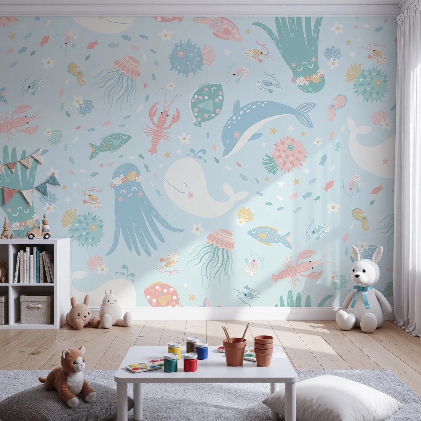 Front view of Whimsy Tots' Pastel Ocean Friends Wall Mural