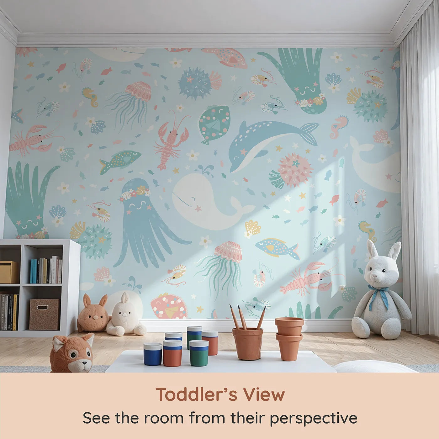 Whimsy Tots Pastel Ocean Friends Wall Mural (Turn Their Room into the Sweetest Underwater Party) from your child's view.Gender-Neutral