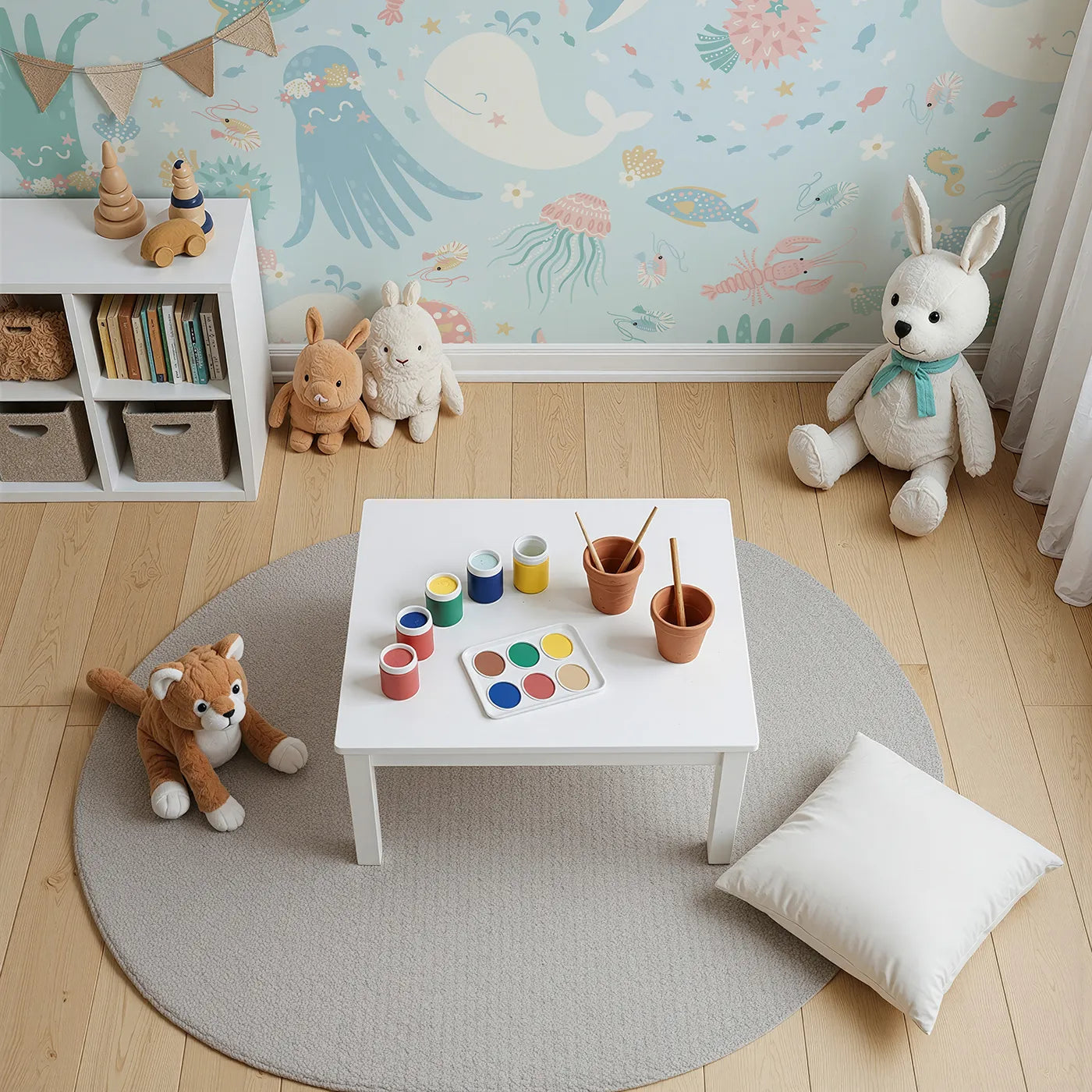 Top-down view of Whimsy Tots' Pastel Ocean Friends Wall Mural (Turn Their Room into the Sweetest Underwater Party).Gender-Neutral