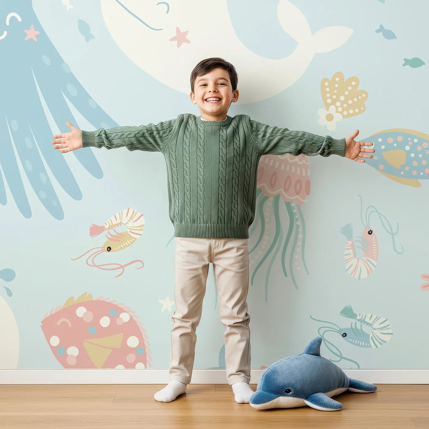 Child in front of Whimsy Tots Pastel Ocean Friends Wall Mural with ocean, sea, animal, cute, pastel, whale, dolphin, jellyfish in design.