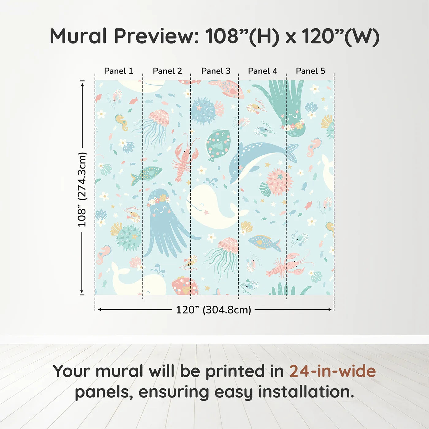 Whimsy Tots Pastel Ocean Friends Wall Muraldimension view (108" H x 120" W). Printed in five 24-inch-wide panels. Gender-Neutral