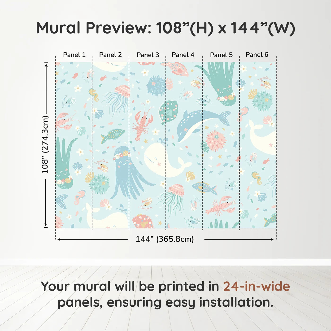 Whimsy Tots Pastel Ocean Friends Wall Muraldimension view (108" H x 144" W). Printed in six 24-inch-wide panels. Gender-Neutral