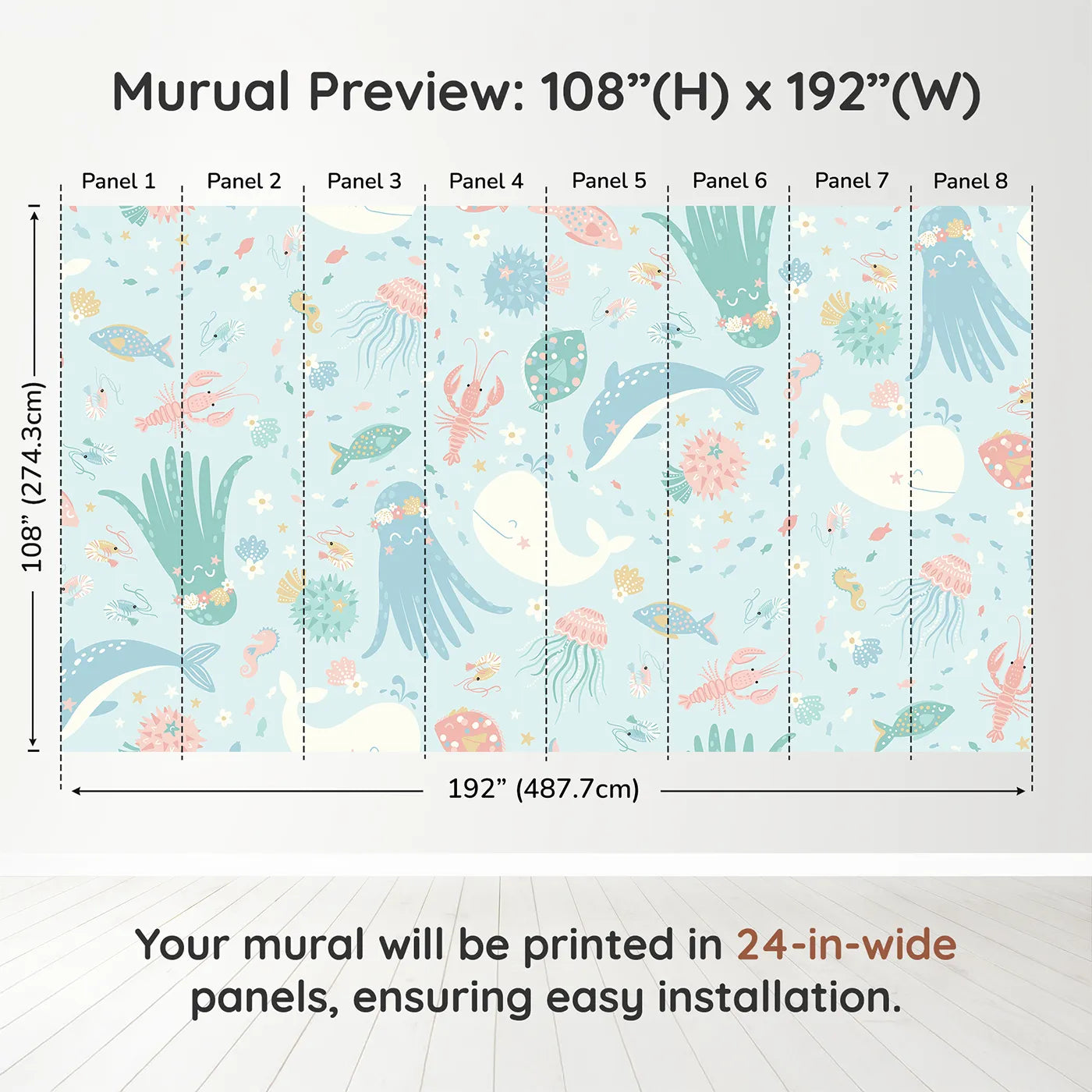 Whimsy Tots Pastel Ocean Friends Wall Muraldimension view (108" H x 192" W). Printed in eight 24-inch-wide panels. Gender-Neutral