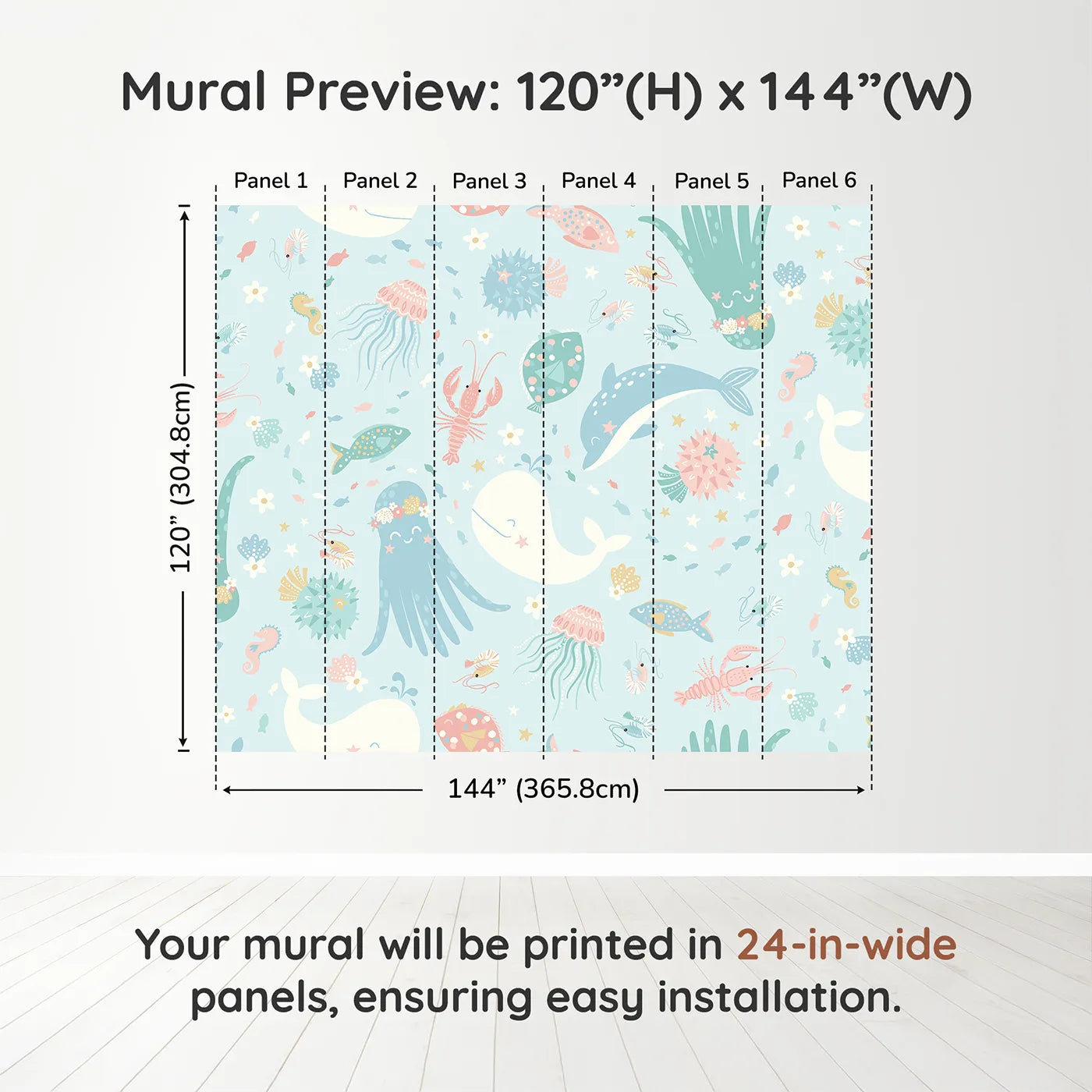 Whimsy Tots Pastel Ocean Friends Wall Muraldimension view (120" H x 144" W). Printed in six 24-inch-wide panels. Gender-Neutral