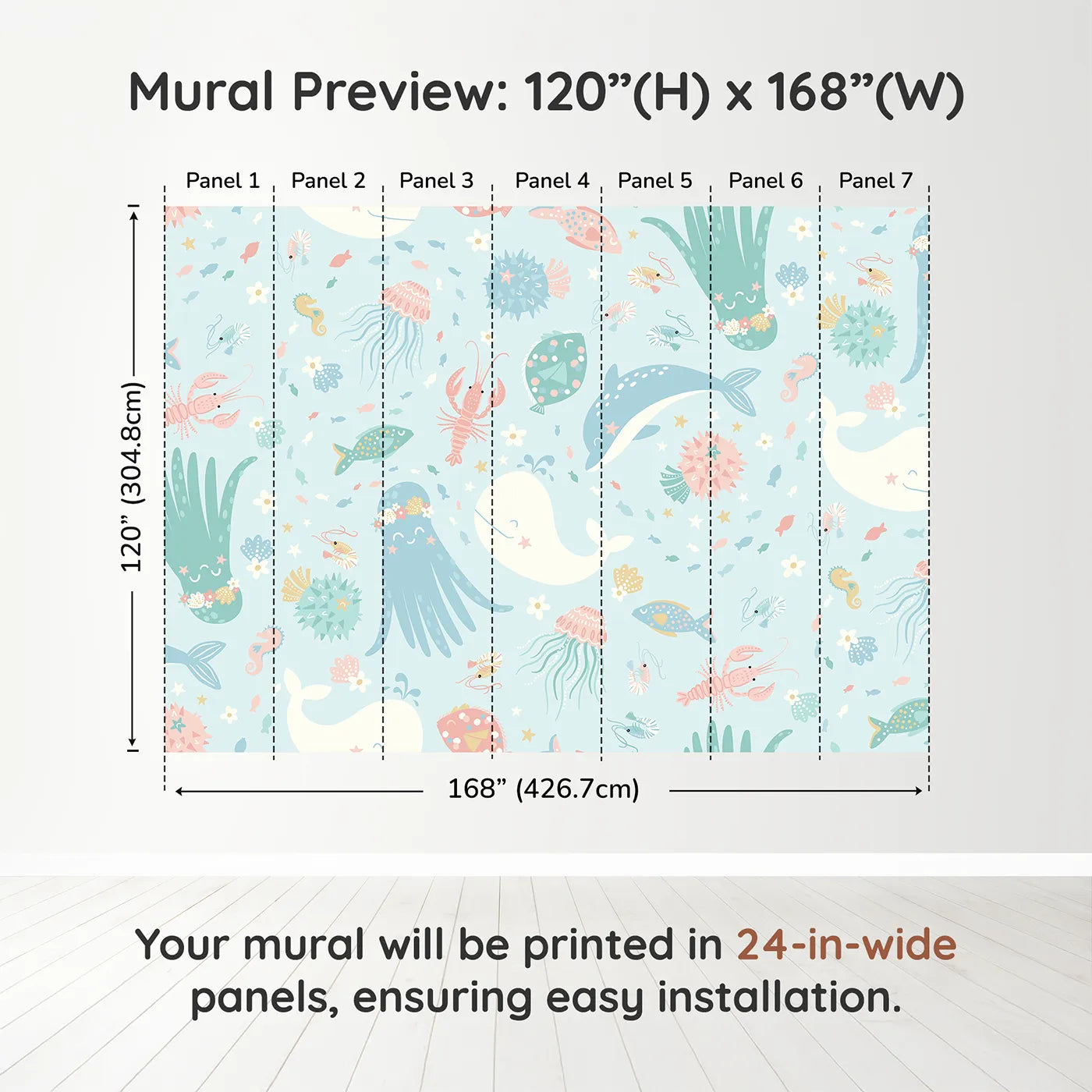Whimsy Tots Pastel Ocean Friends Wall Muraldimension view (120" H x 168" W). Printed in seven 24-inch-wide panels. Gender-Neutral