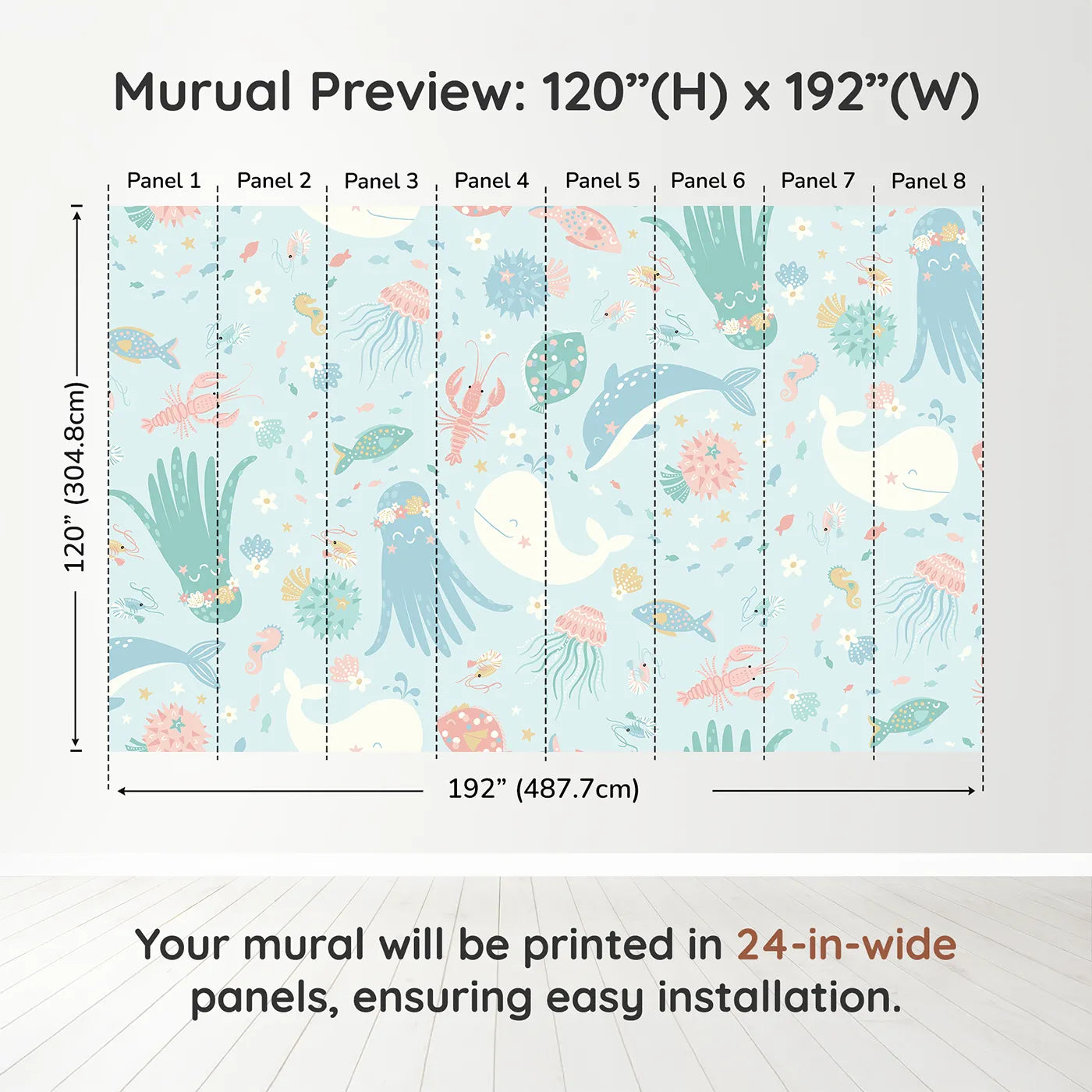 Whimsy Tots Pastel Ocean Friends Wall Muraldimension view (120" H x 192" W). Printed in eight 24-inch-wide panels. Gender-Neutral
