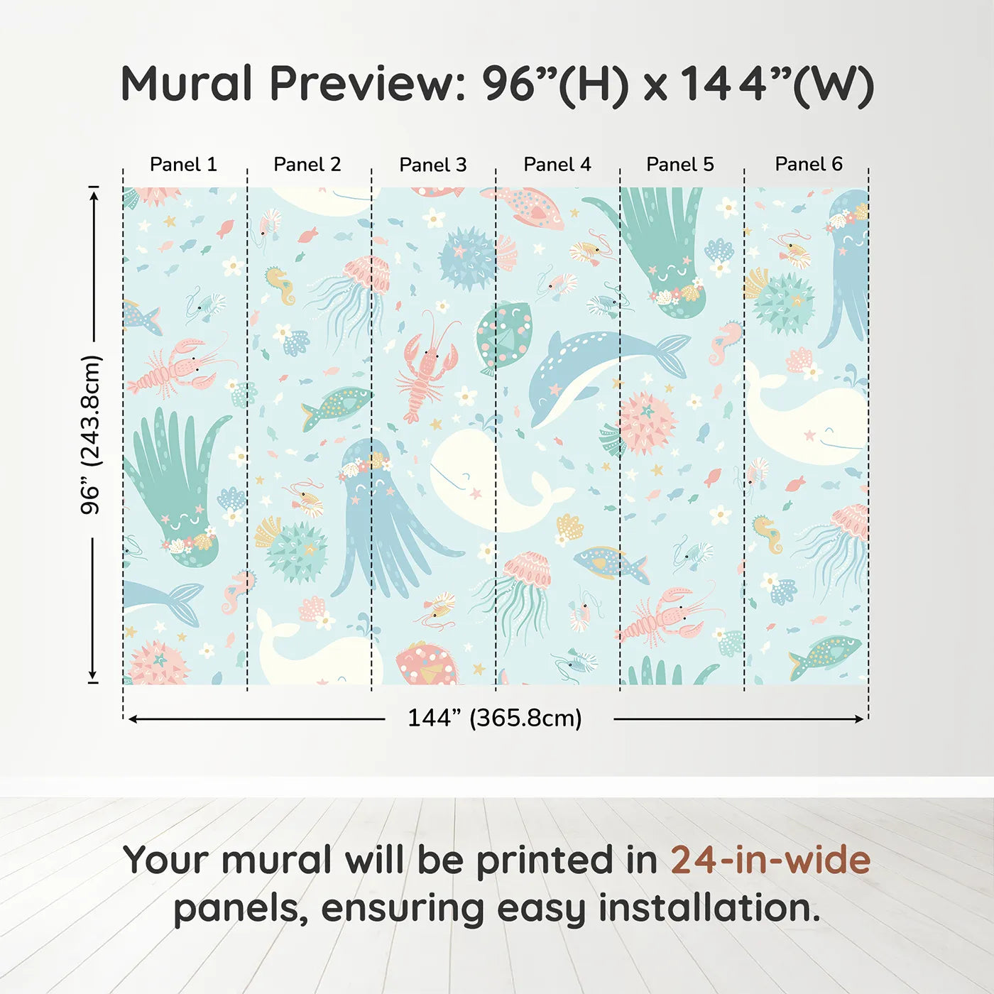 Whimsy Tots Pastel Ocean Friends Wall Muraldimension view (96" H x 144" W). Printed in six 24-inch-wide panels. Gender-Neutral