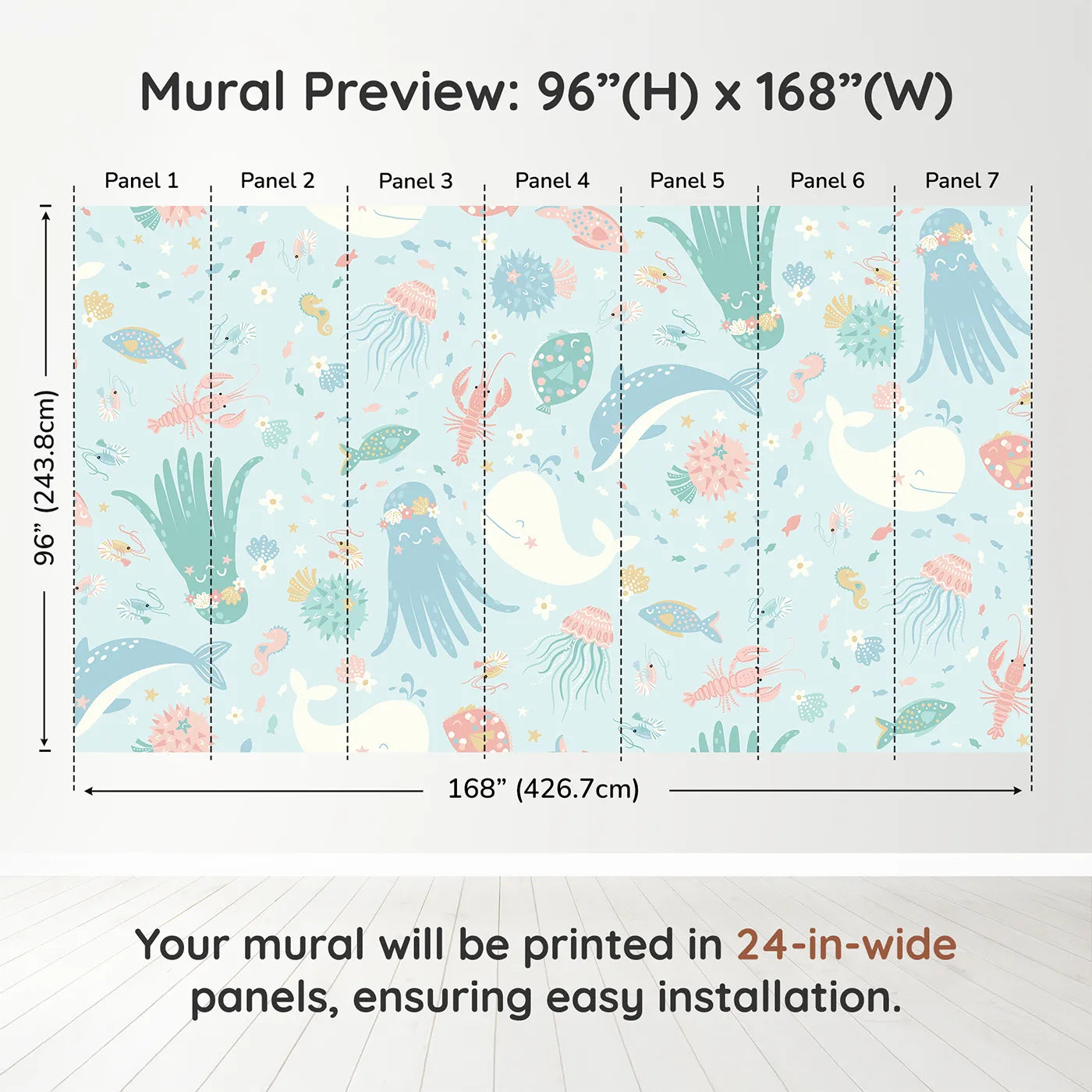 Whimsy Tots Pastel Ocean Friends Wall Muraldimension view (96" H x 168" W). Printed in seven 24-inch-wide panels. Gender-Neutral