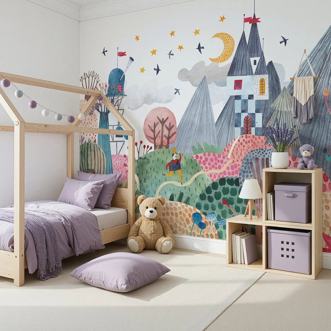 Angled view of Whimsy Tots' Nightfall Kingdom Wall Mural (Turn Their Room into a Magical, Moonlit Quest).Gender-Neutral