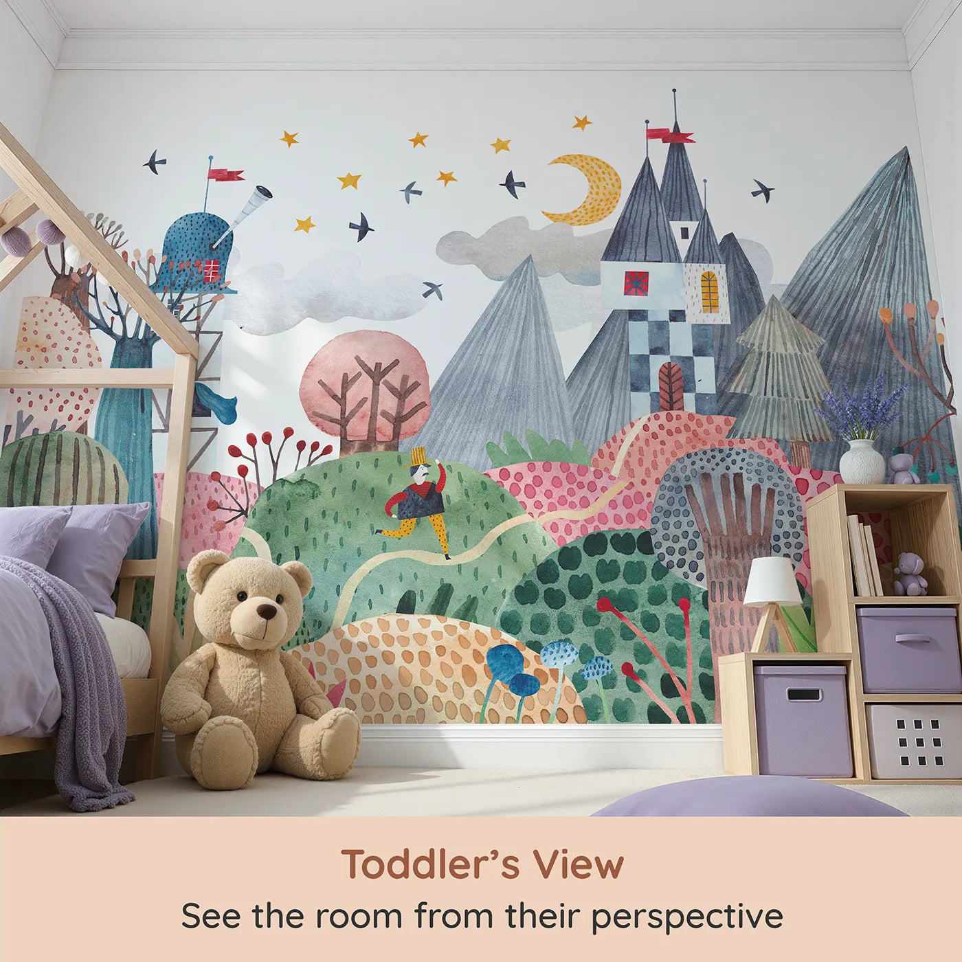 Whimsy Tots Nightfall Kingdom Wall Mural (Turn Their Room into a Magical, Moonlit Quest) from your child's view.Gender-Neutral