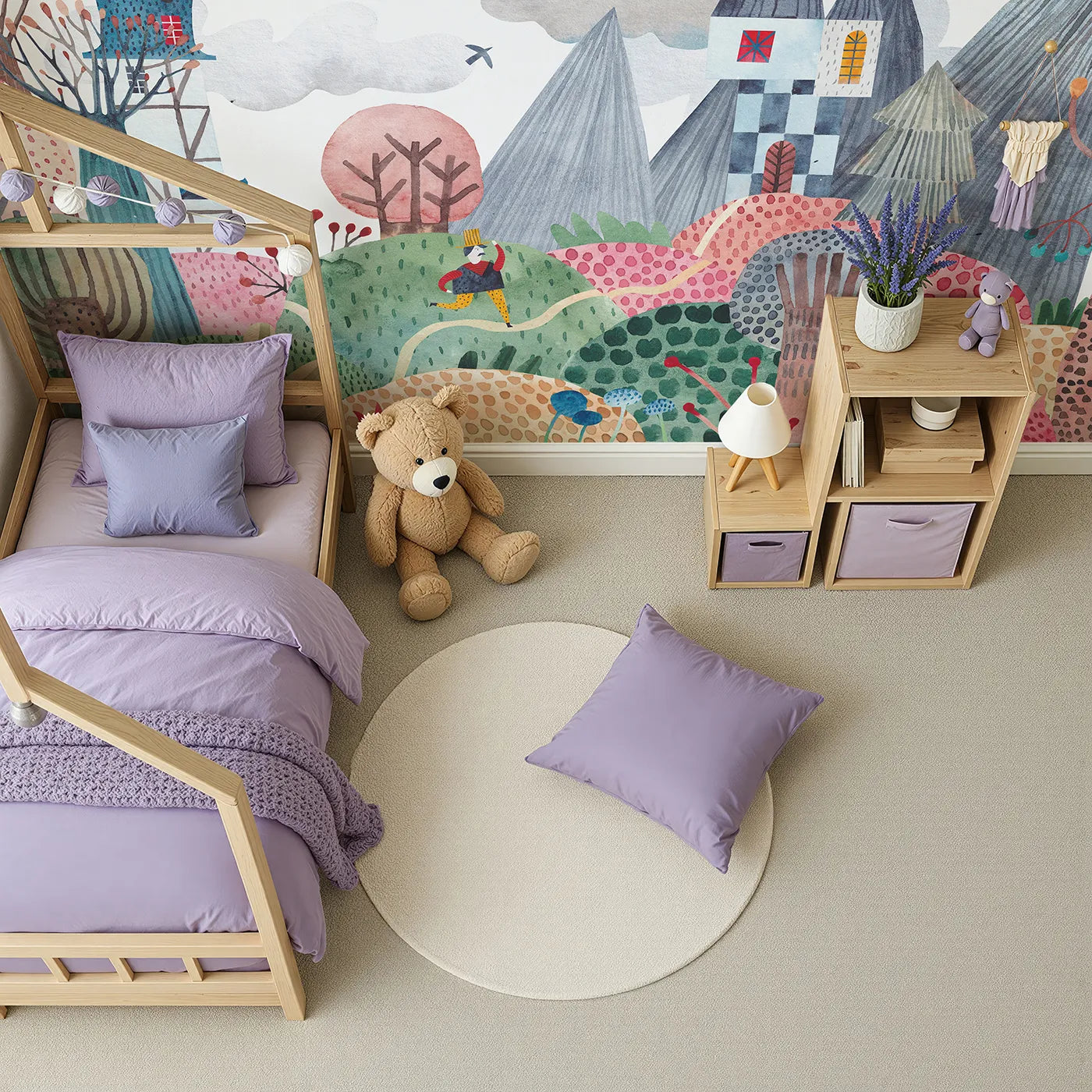 Top-down view of Whimsy Tots' Nightfall Kingdom Wall Mural (Turn Their Room into a Magical, Moonlit Quest).Gender-Neutral