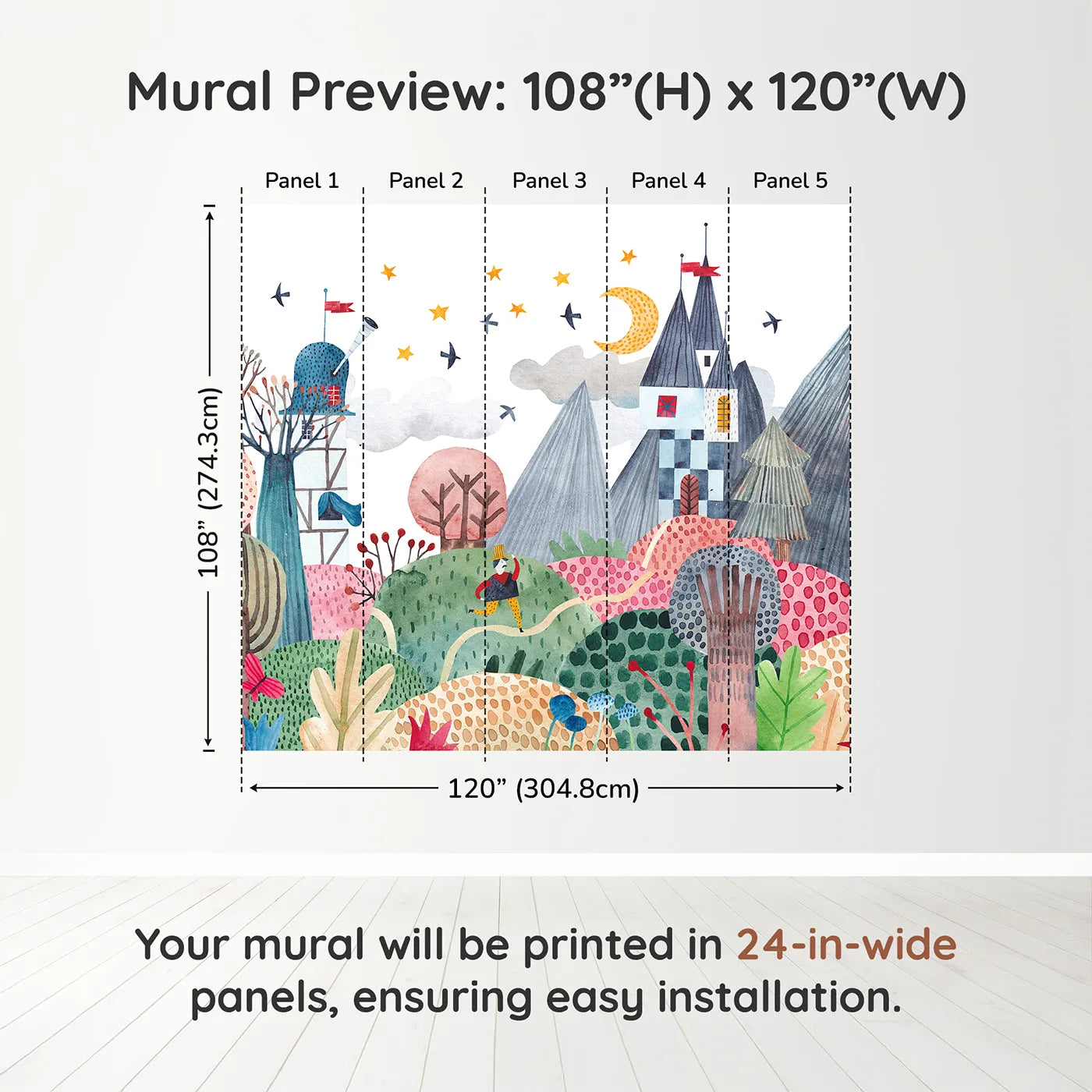 Whimsy Tots Nightfall Kingdom Wall Muraldimension view (108" H x 120" W). Printed in five 24-inch-wide panels. Gender-Neutral