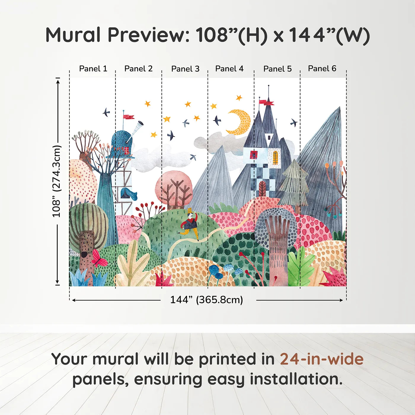 Whimsy Tots Nightfall Kingdom Wall Muraldimension view (108" H x 144" W). Printed in six 24-inch-wide panels. Gender-Neutral