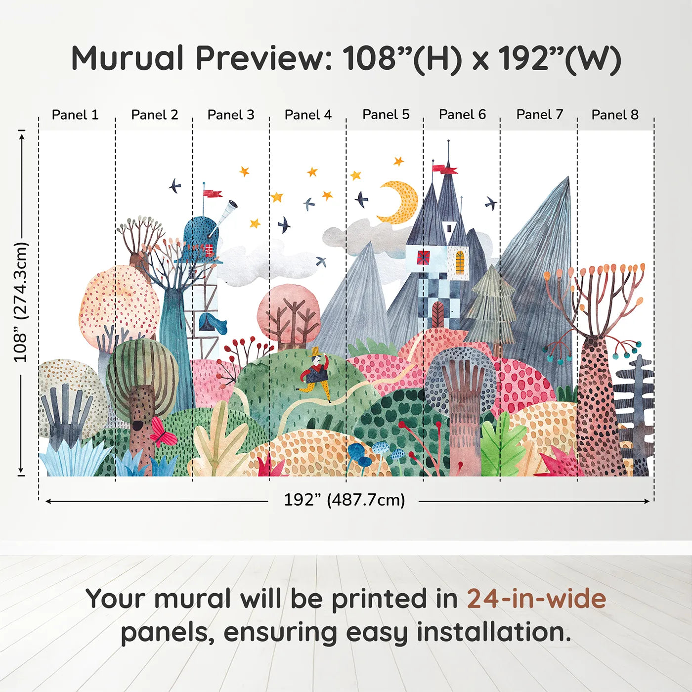 Whimsy Tots Nightfall Kingdom Wall Muraldimension view (108" H x 192" W). Printed in eight 24-inch-wide panels. Gender-Neutral