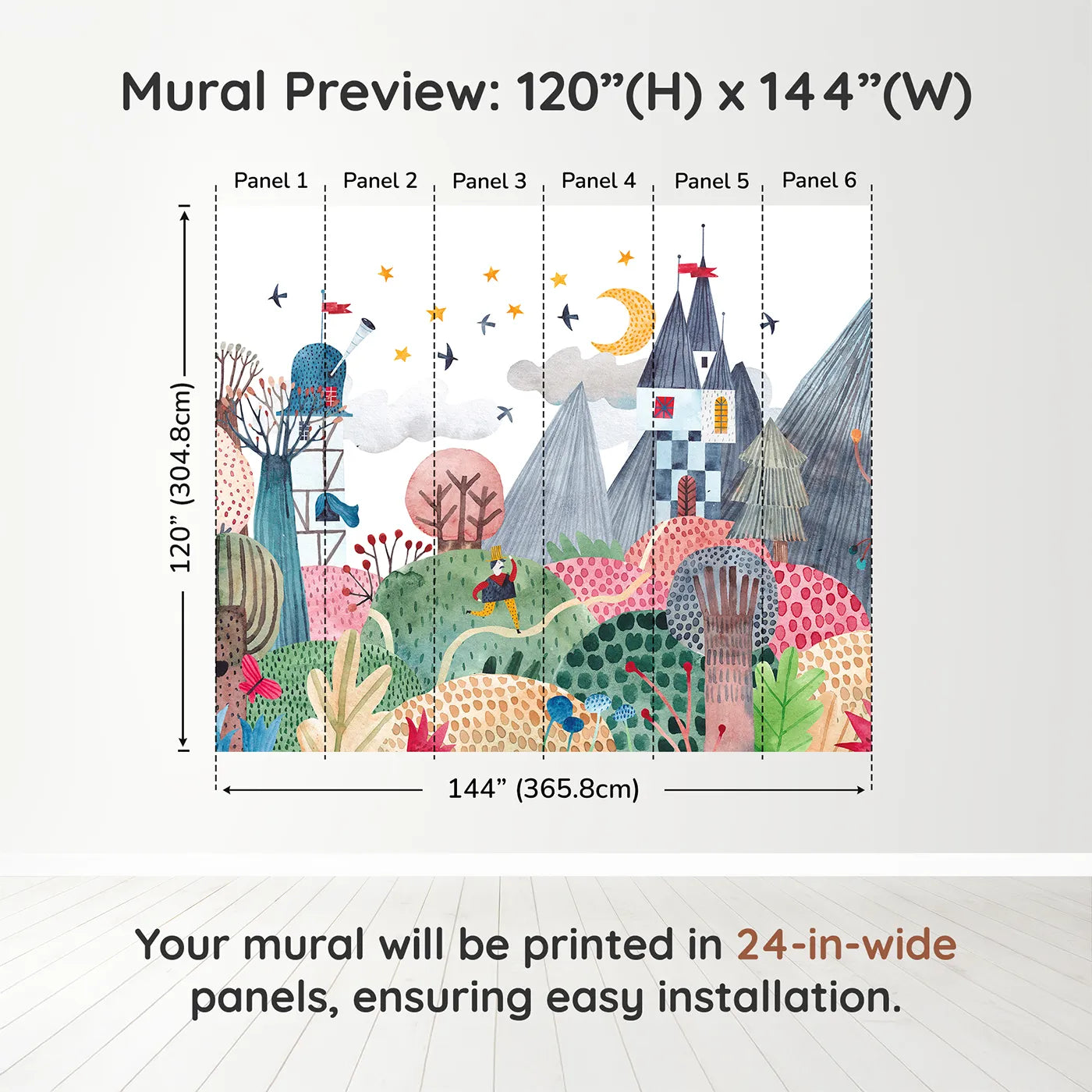 Whimsy Tots Nightfall Kingdom Wall Muraldimension view (120" H x 144" W). Printed in six 24-inch-wide panels. Gender-Neutral