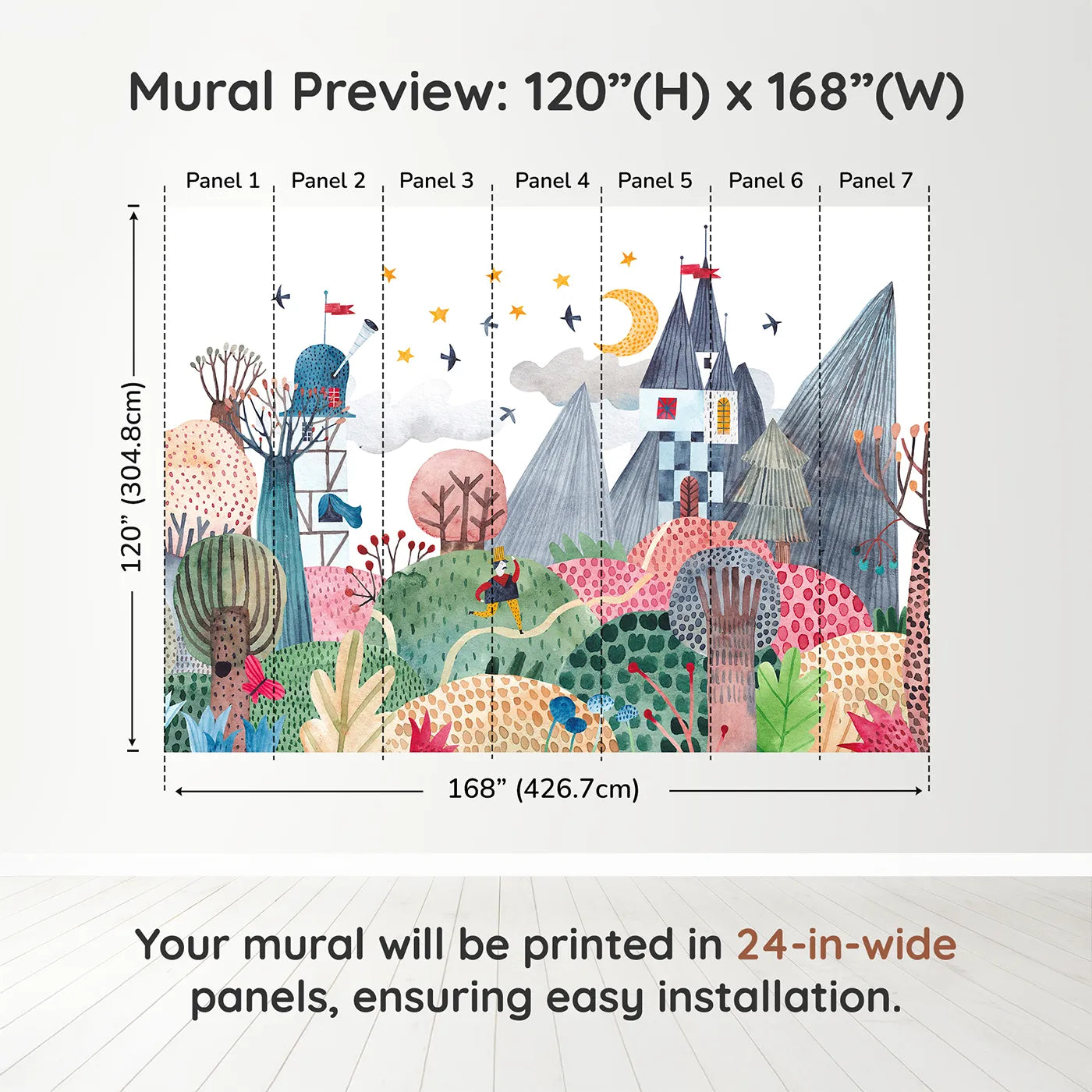Whimsy Tots Nightfall Kingdom Wall Muraldimension view (120" H x 168" W). Printed in seven 24-inch-wide panels. Gender-Neutral