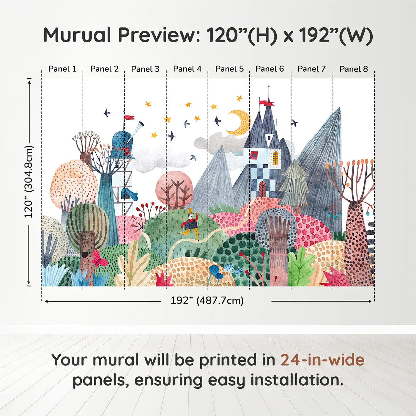 Whimsy Tots Nightfall Kingdom Wall Muraldimension view (120" H x 192" W). Printed in eight 24-inch-wide panels. Gender-Neutral