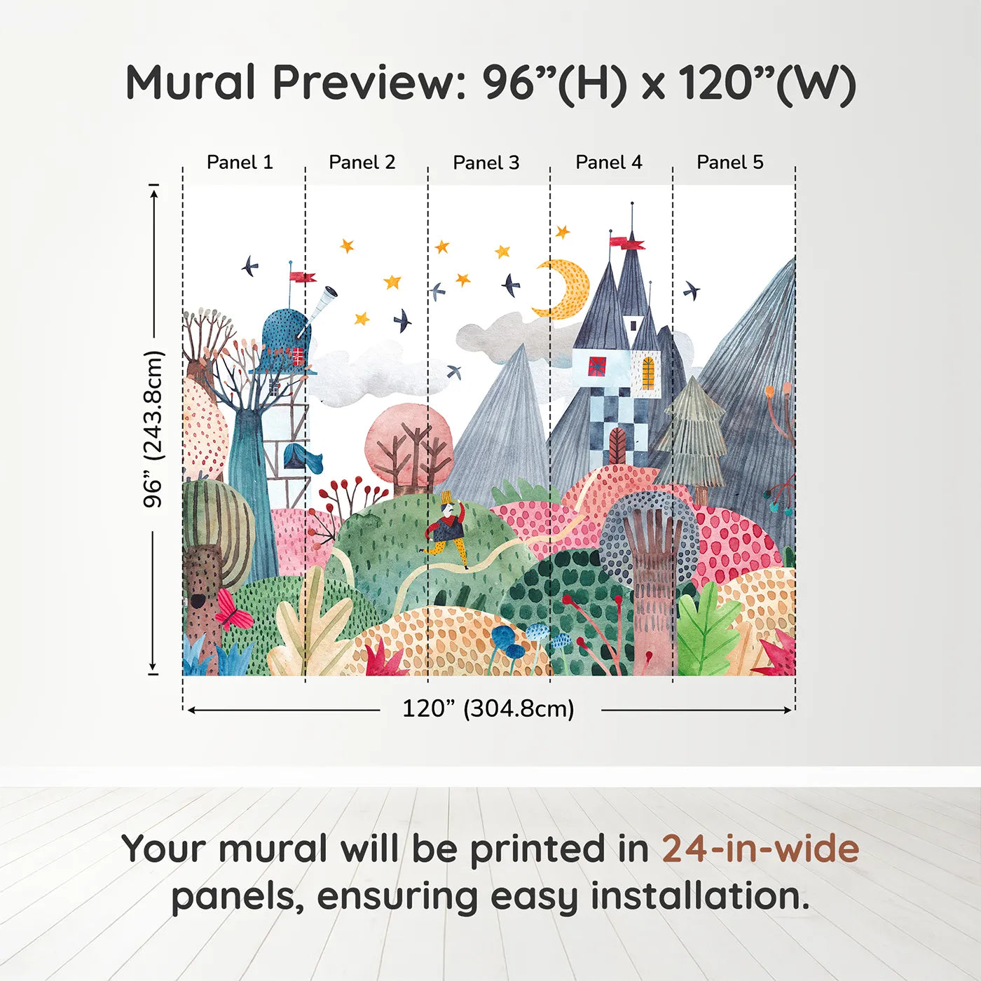 Whimsy Tots Nightfall Kingdom Wall Muraldimension view (96" H x 120" W). Printed in five 24-inch-wide panels. Gender-Neutral