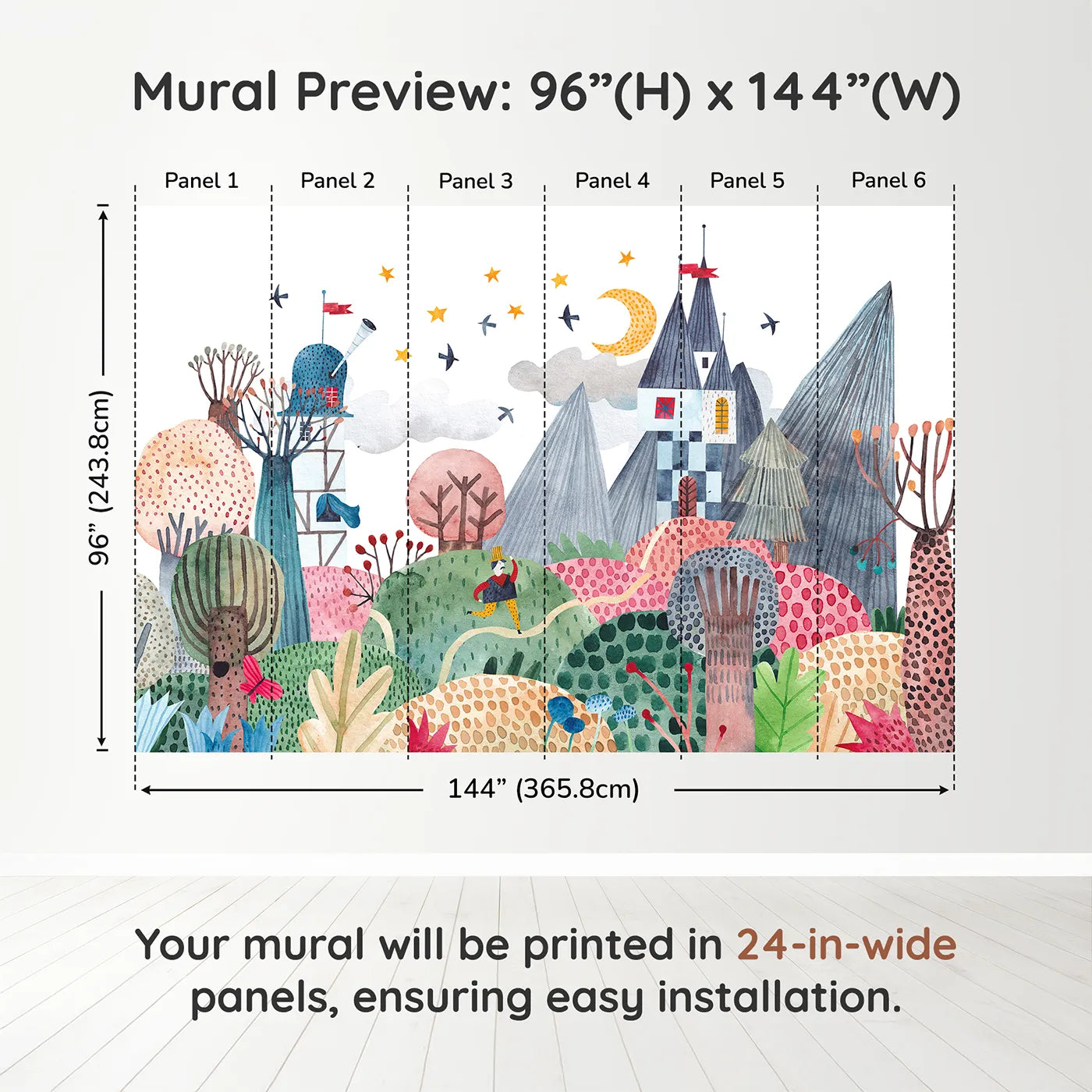 Whimsy Tots Nightfall Kingdom Wall Muraldimension view (96" H x 144" W). Printed in six 24-inch-wide panels. Gender-Neutral