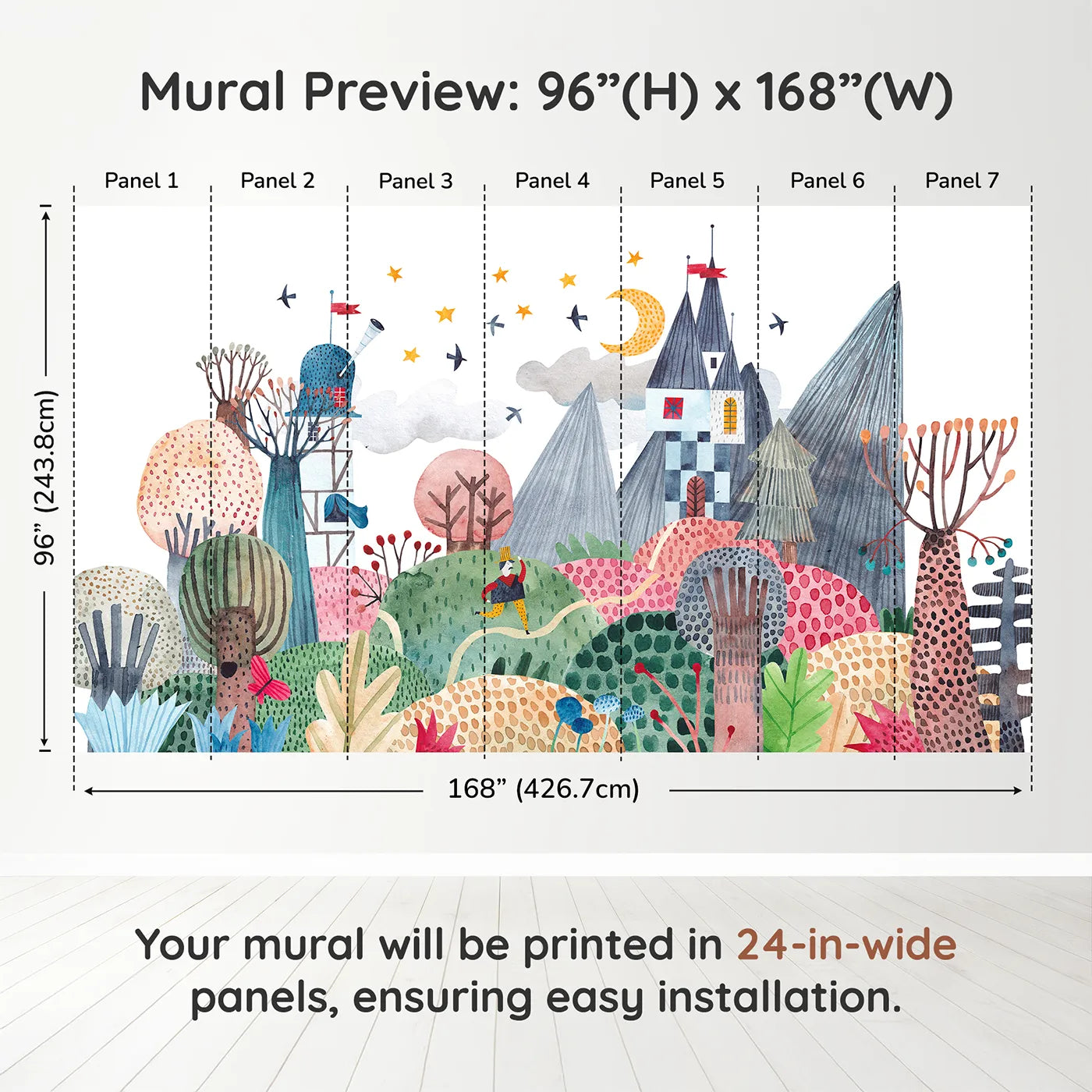 Whimsy Tots Nightfall Kingdom Wall Muraldimension view (96" H x 168" W). Printed in seven 24-inch-wide panels. Gender-Neutral