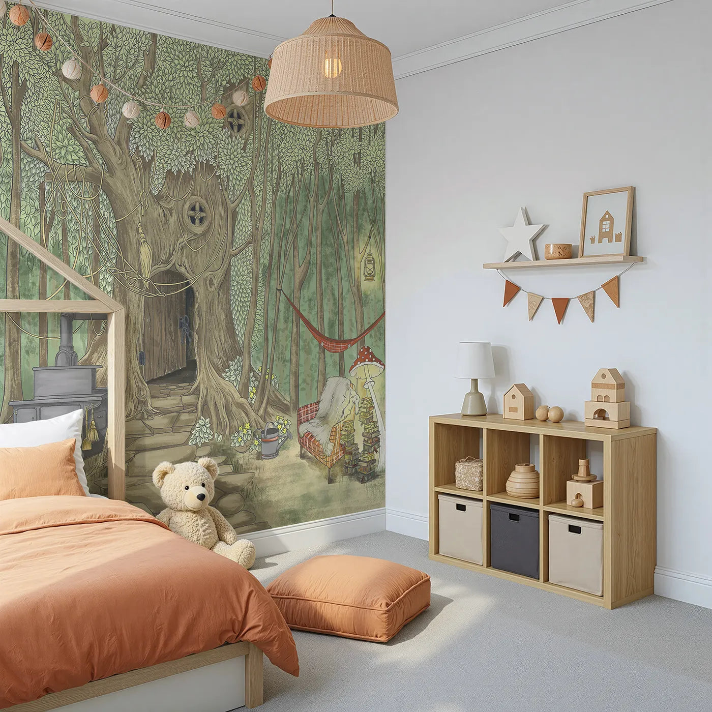 Angled view of Whimsy Tots' Cozy Treehouse Cottage Wall Mural (Turn Their Room into the Coziest Hideout in the Woods).Gender-Neutral