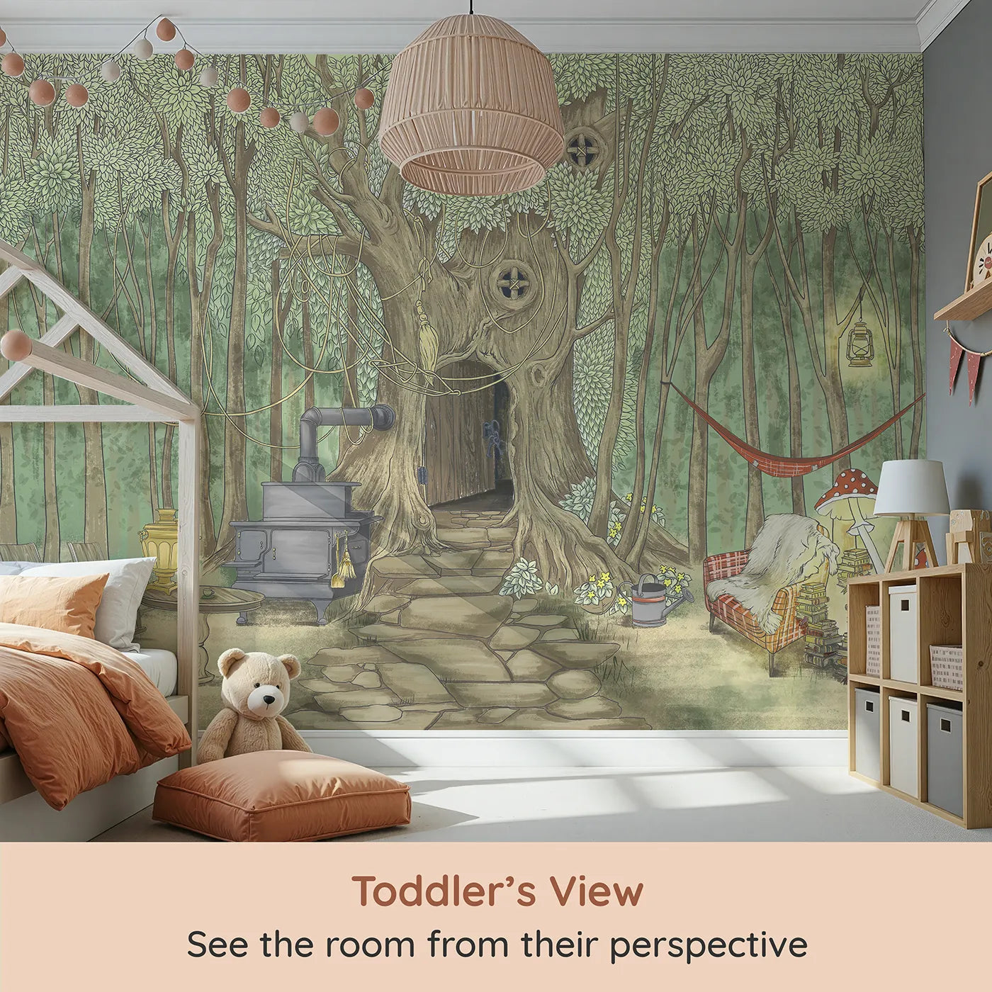 Whimsy Tots Cozy Treehouse Cottage Wall Mural (Turn Their Room into the Coziest Hideout in the Woods) from your child's view.Gender-Neutral