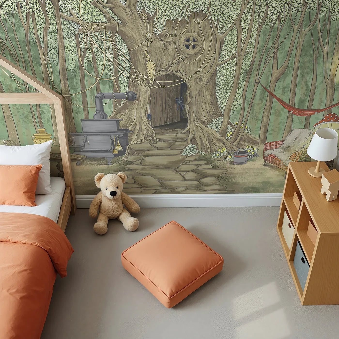 Top-down view of Whimsy Tots' Cozy Treehouse Cottage Wall Mural (Turn Their Room into the Coziest Hideout in the Woods).Gender-Neutral