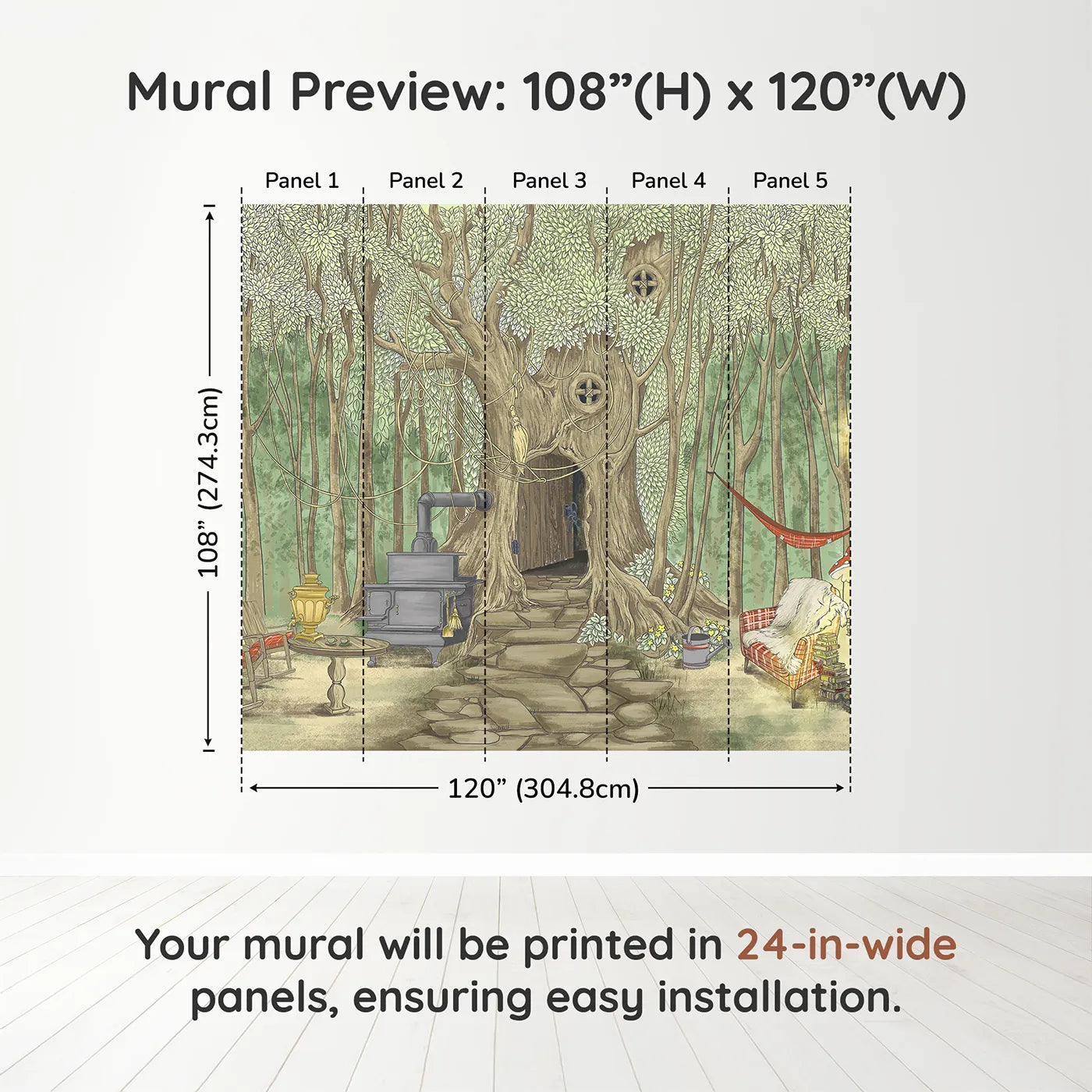 Whimsy Tots Cozy Treehouse Cottage Wall Muraldimension view (108" H x 120" W). Printed in five 24-inch-wide panels. Gender-Neutral