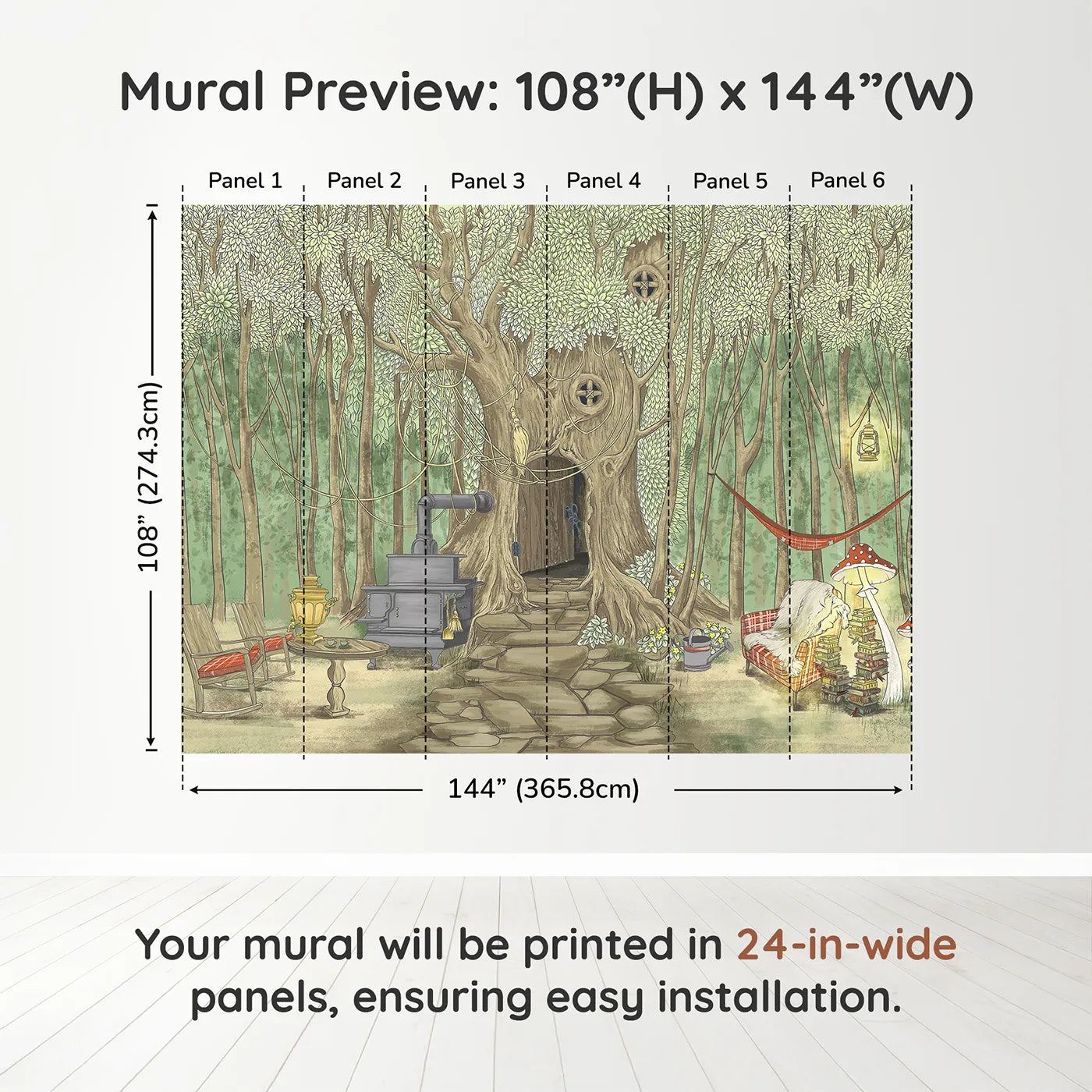 Whimsy Tots Cozy Treehouse Cottage Wall Muraldimension view (108" H x 144" W). Printed in six 24-inch-wide panels. Gender-Neutral