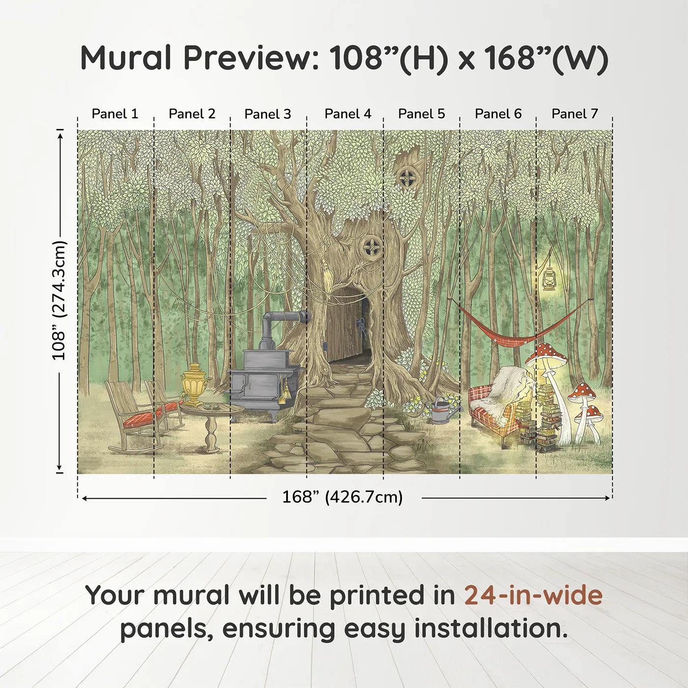 Whimsy Tots Cozy Treehouse Cottage Wall Muraldimension view (108" H x 168" W). Printed in seven 24-inch-wide panels. Gender-Neutral