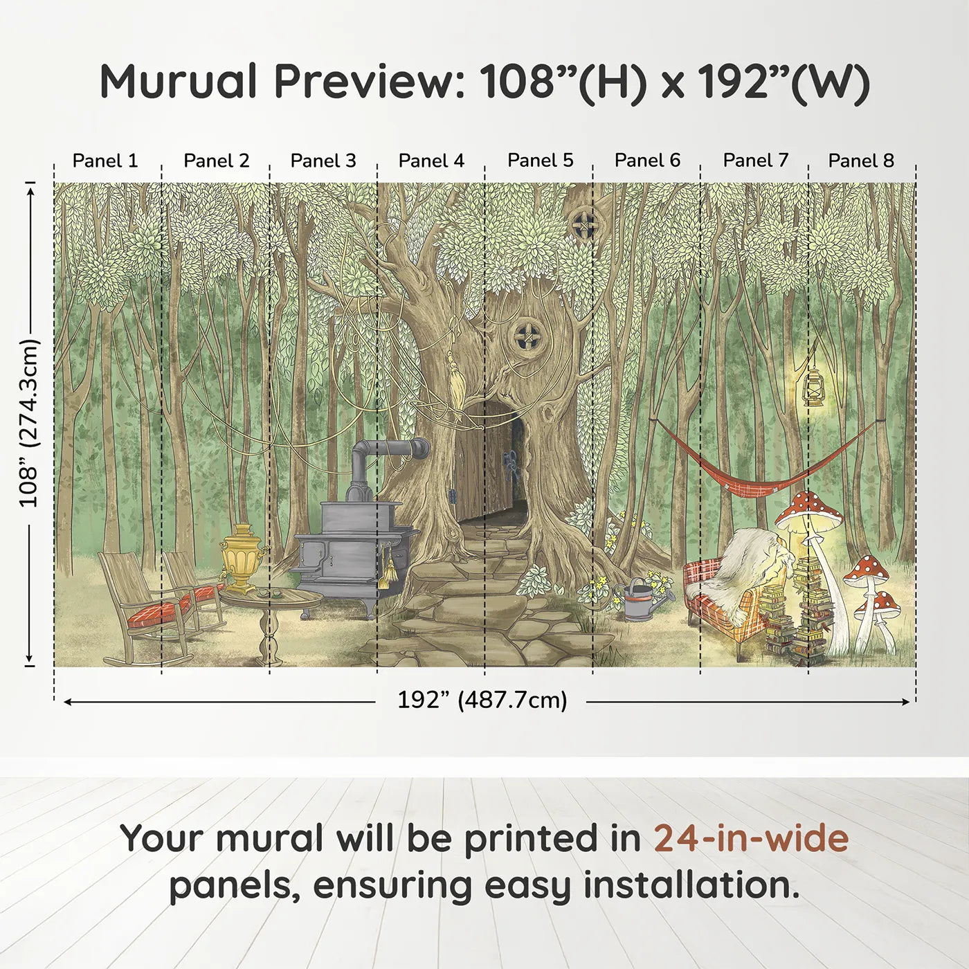 Whimsy Tots Cozy Treehouse Cottage Wall Muraldimension view (108" H x 192" W). Printed in eight 24-inch-wide panels. Gender-Neutral