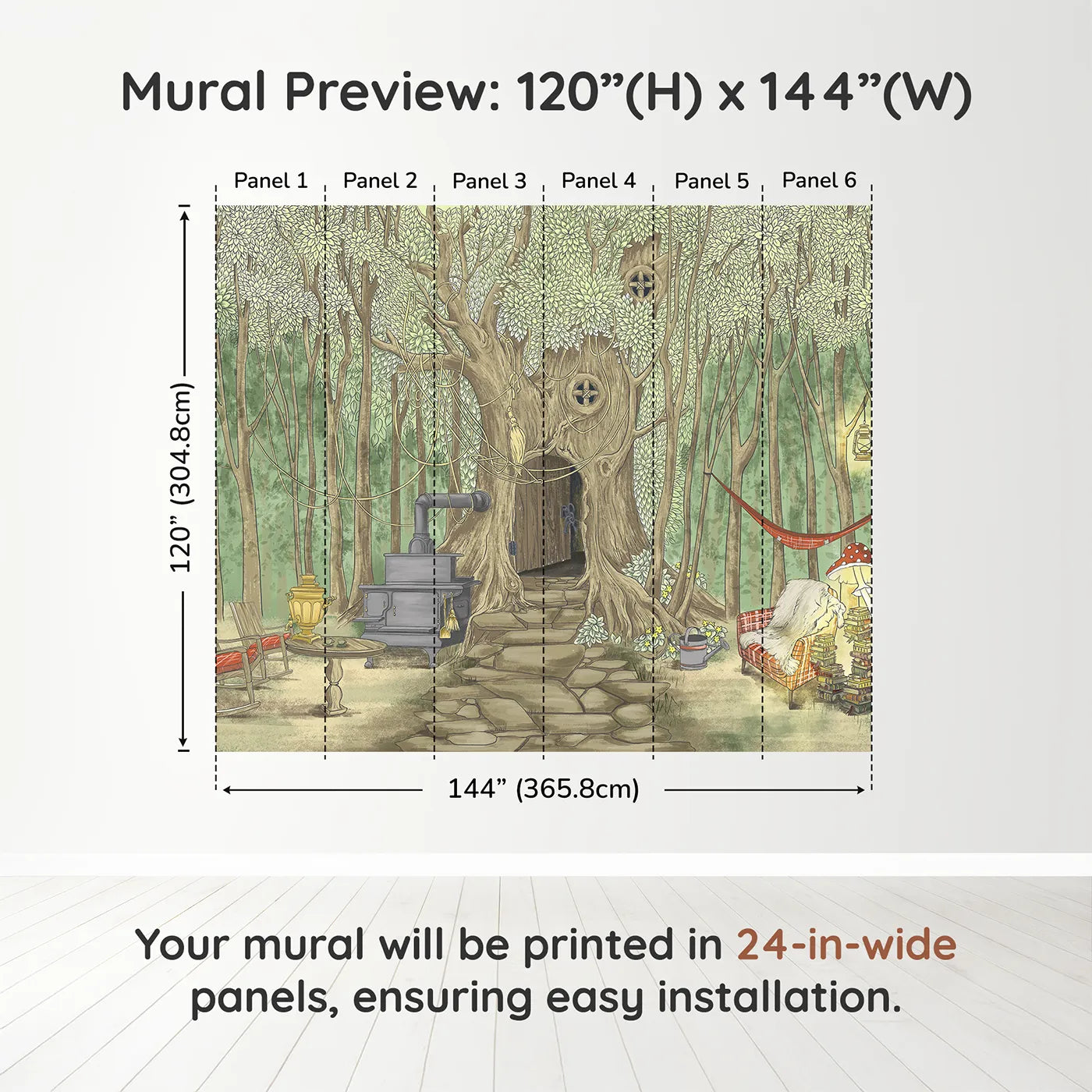 Whimsy Tots Cozy Treehouse Cottage Wall Muraldimension view (120" H x 144" W). Printed in six 24-inch-wide panels. Gender-Neutral