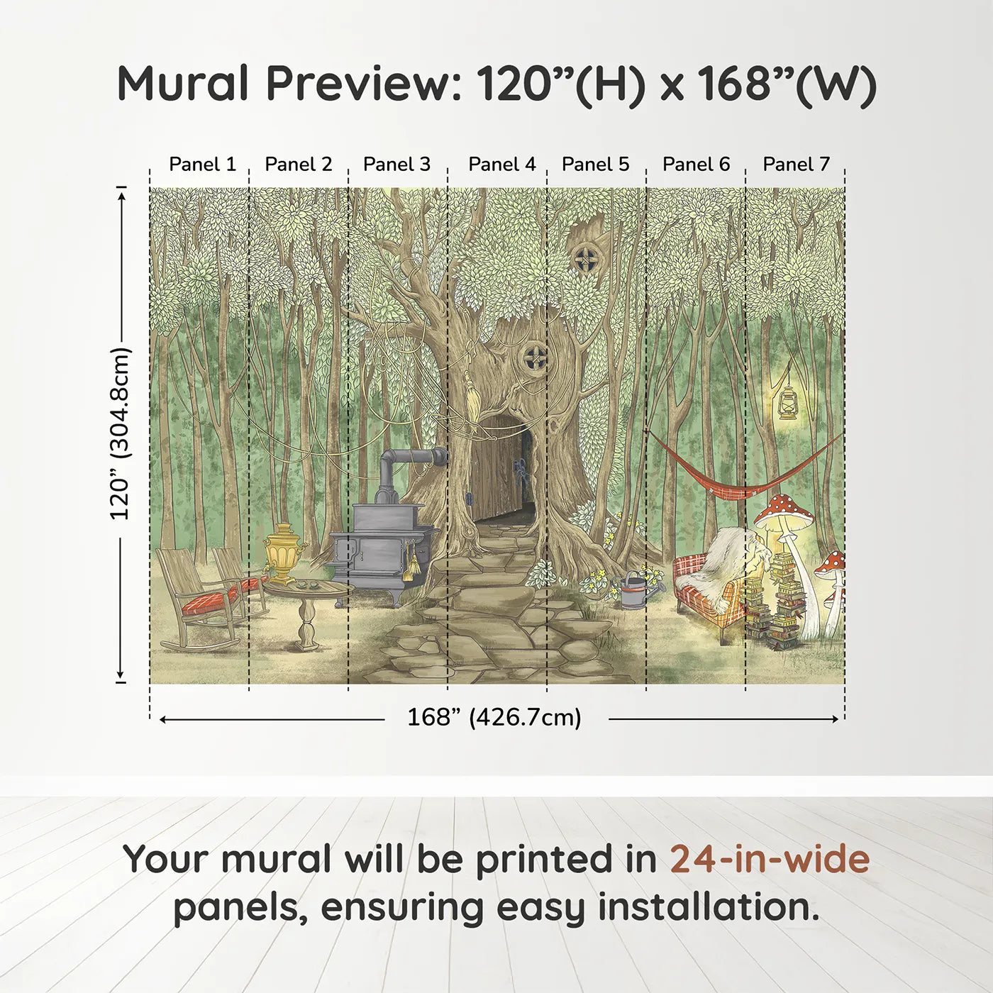 Whimsy Tots Cozy Treehouse Cottage Wall Muraldimension view (120" H x 168" W). Printed in seven 24-inch-wide panels. Gender-Neutral