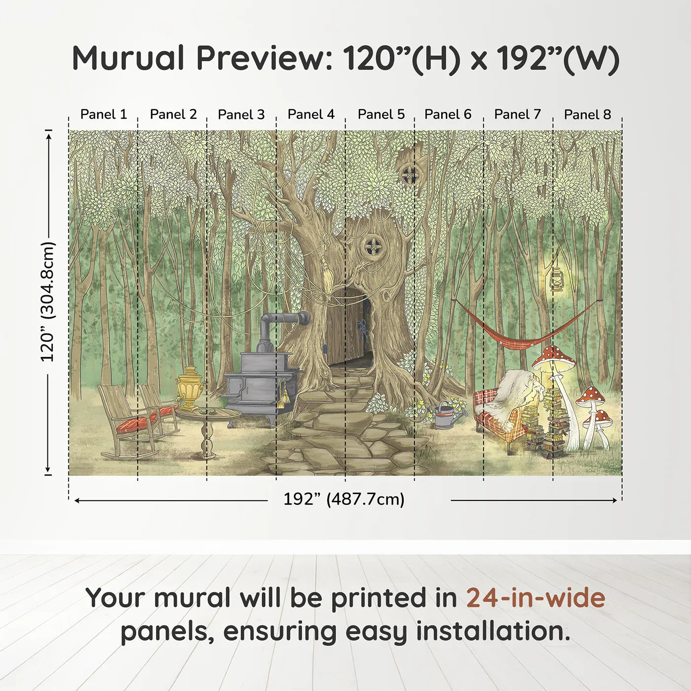 Whimsy Tots Cozy Treehouse Cottage Wall Muraldimension view (120" H x 192" W). Printed in eight 24-inch-wide panels. Gender-Neutral