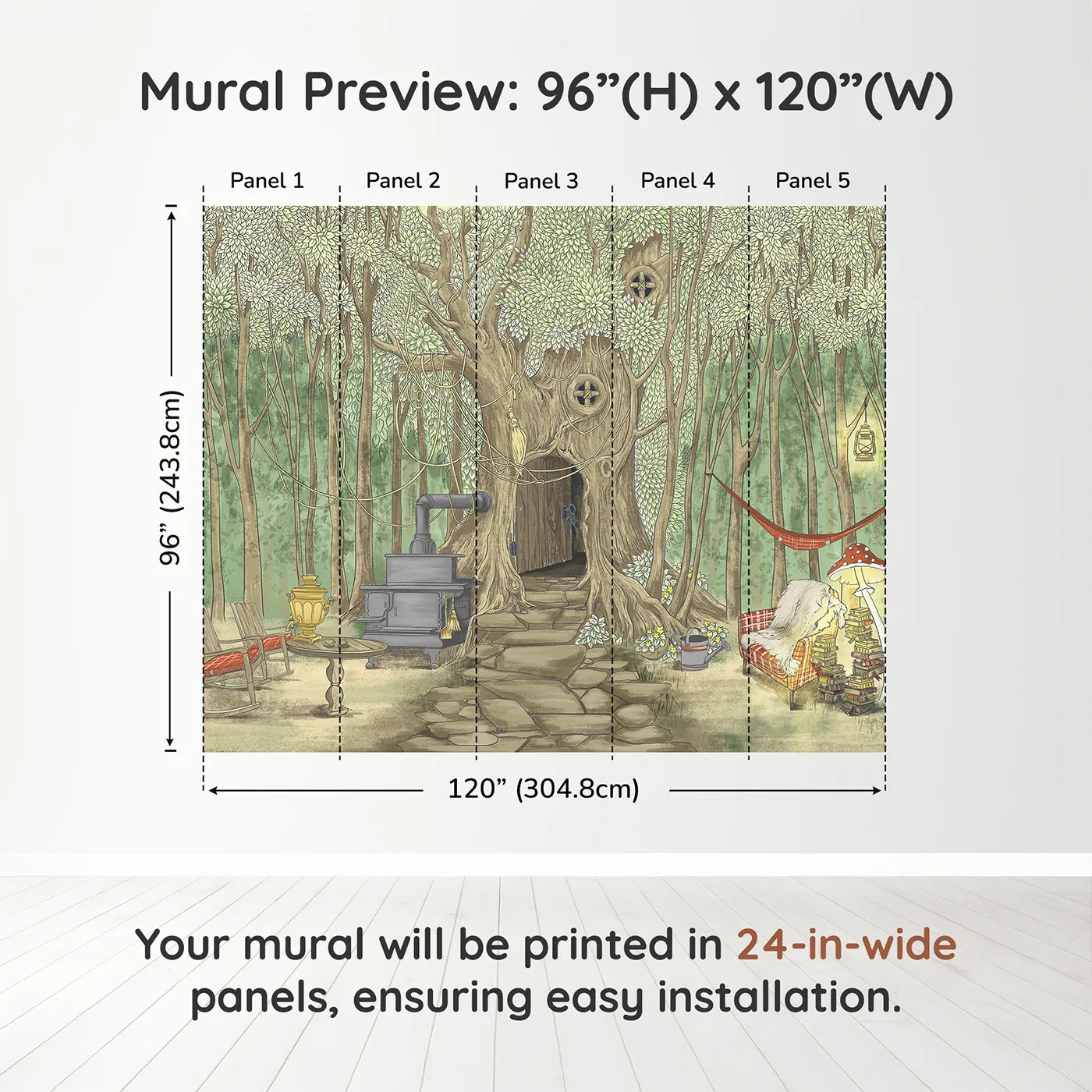 Whimsy Tots Cozy Treehouse Cottage Wall Muraldimension view (96" H x 120" W). Printed in five 24-inch-wide panels. Gender-Neutral