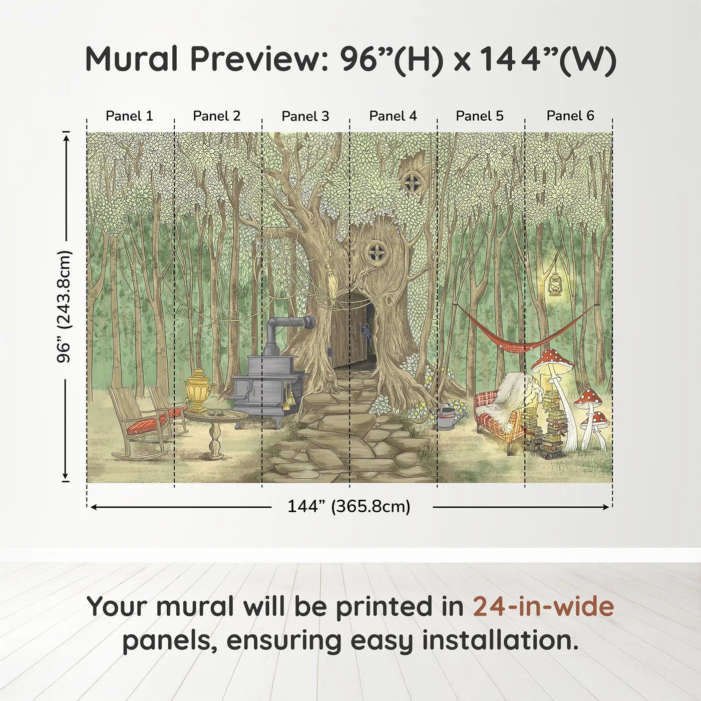 Whimsy Tots Cozy Treehouse Cottage Wall Muraldimension view (96" H x 144" W). Printed in six 24-inch-wide panels. Gender-Neutral