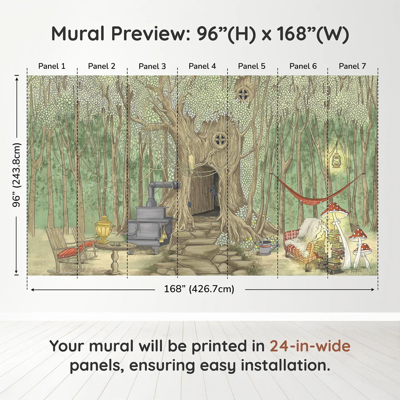 Whimsy Tots Cozy Treehouse Cottage Wall Muraldimension view (96" H x 168" W). Printed in seven 24-inch-wide panels. Gender-Neutral