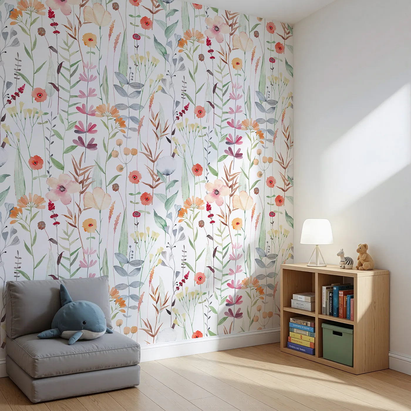 Angled view of Whimsy Tots' Watercolor Wildflower Patch Wall Mural (Turn Their Room into a Gentle, Hand-Painted Meadow).Gender-Neutral